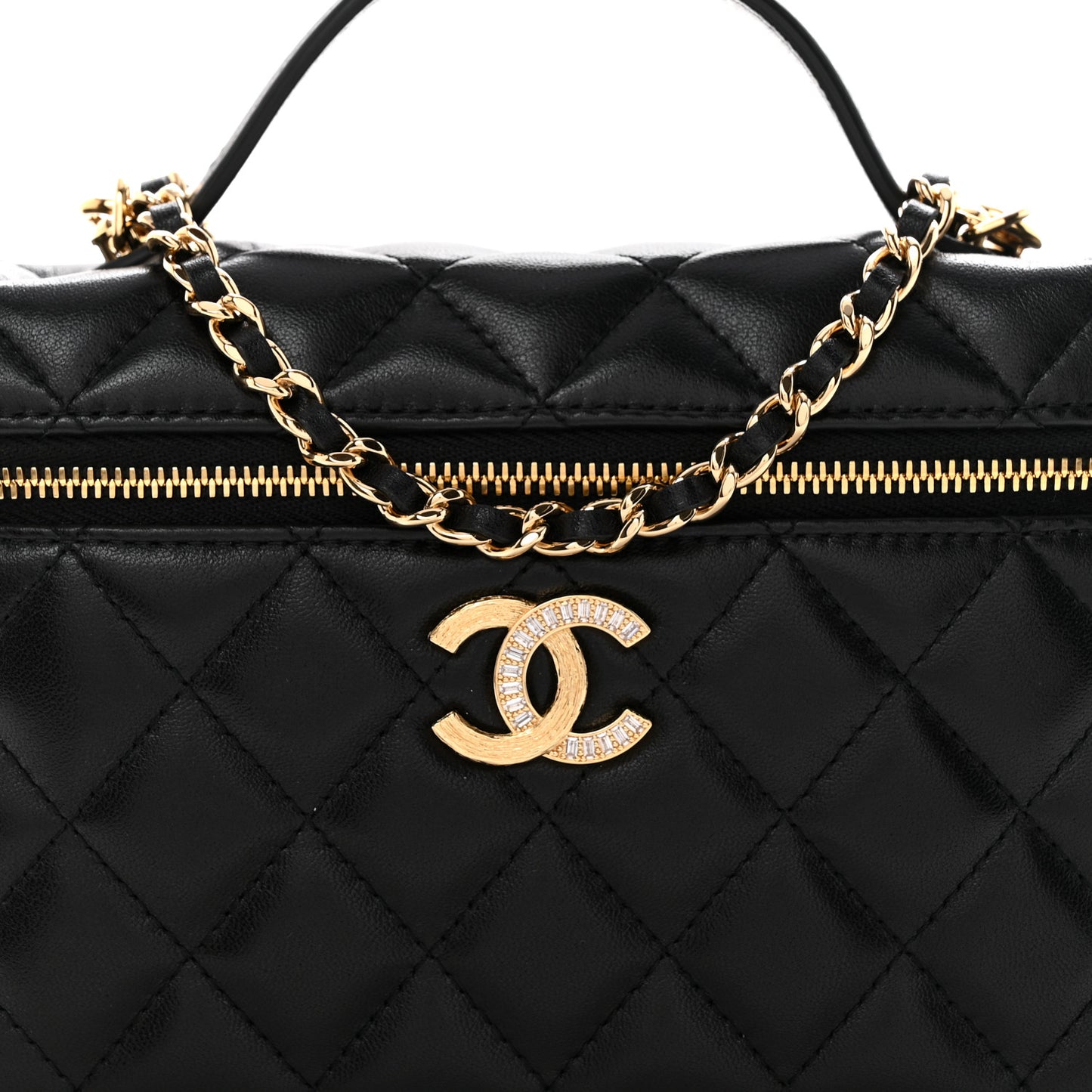 Lambskin Quilted Crystal Ridged CC Top Handle Slim Vanity Case With Chain Black