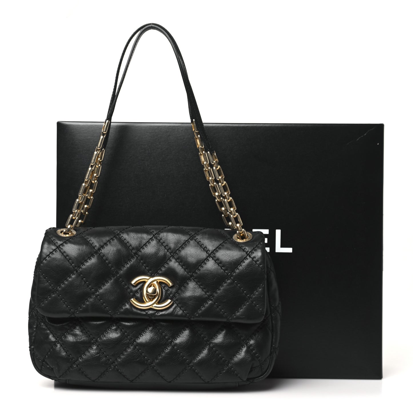 Calfskin Quilted Retro Chain Flap Black