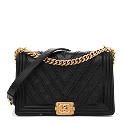 Chanel Calfskin Caviar Suede Chevron New Medium Boy Flap Black 1 of 15