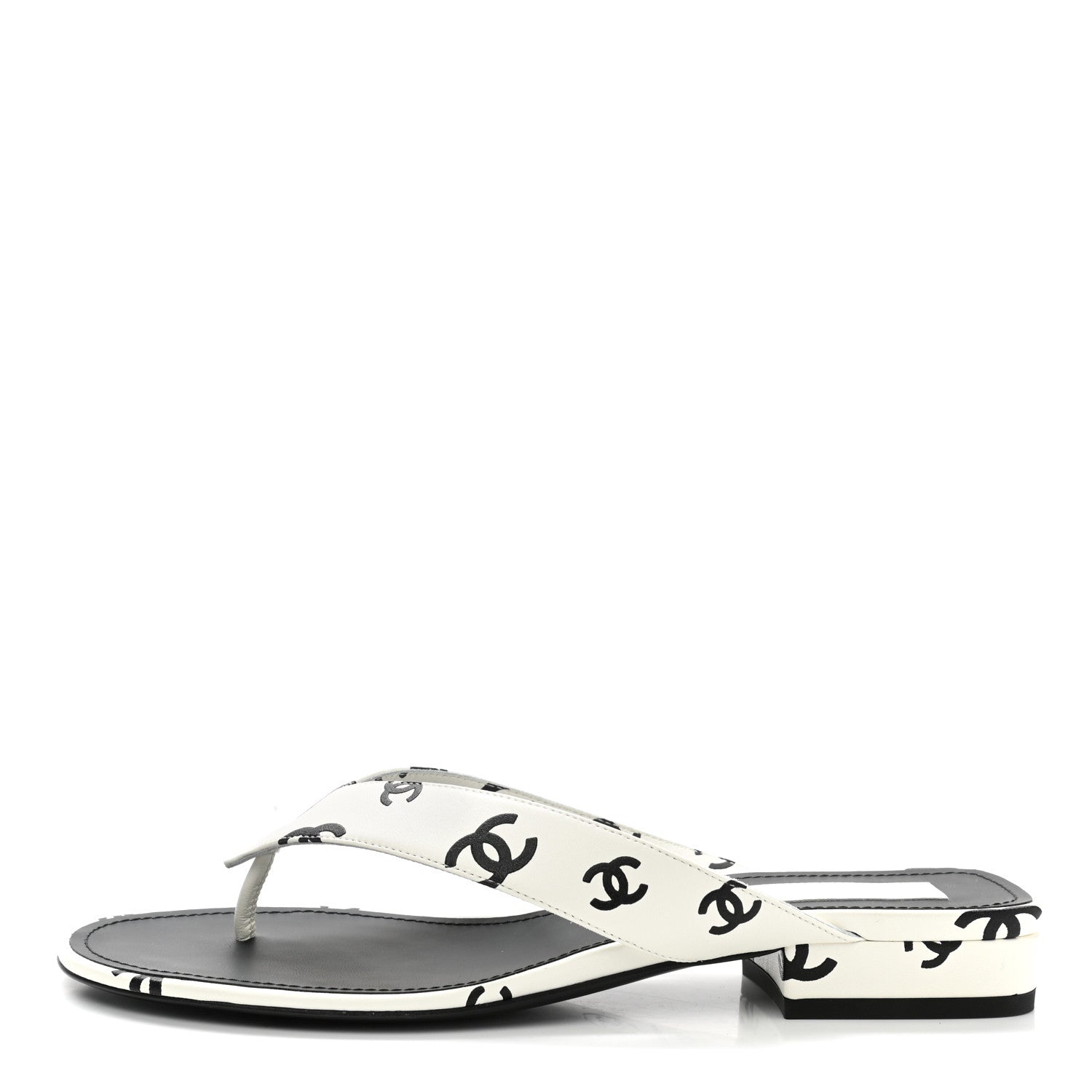 Chanel Printed Lambskin Coco Beach Thong Sandals 38.5 White Black 1 of 8