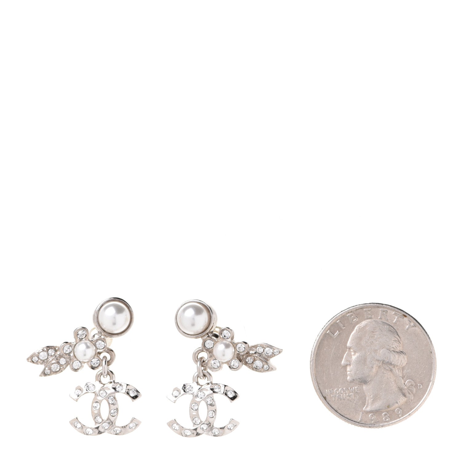 Chanel Crystal Pearl CC Leaf Earrings Silver 2 of 5