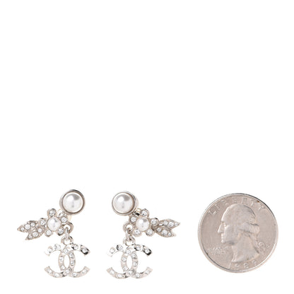Chanel Crystal Pearl CC Leaf Earrings Silver 2 of 5