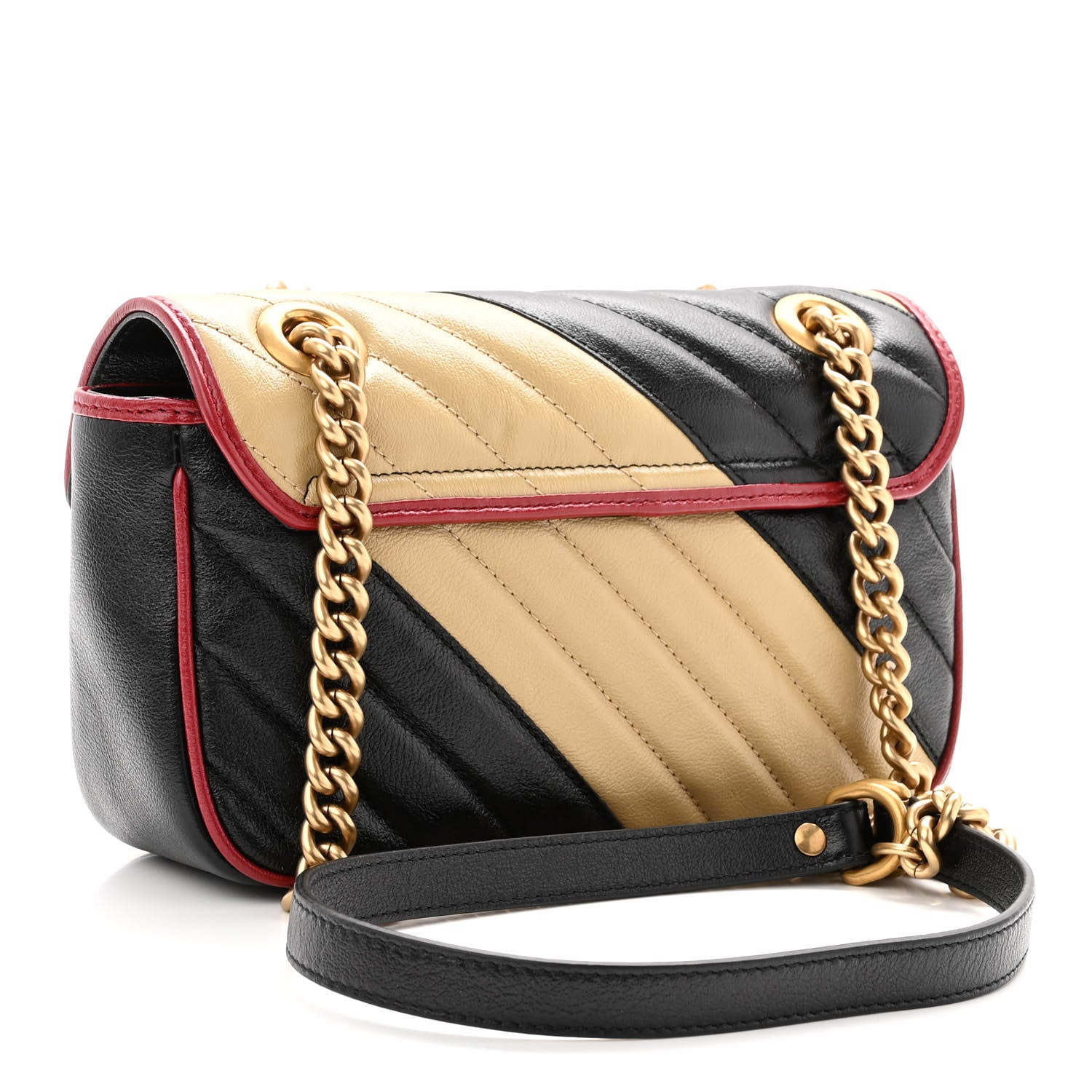 Gucci Vintage Effect Calfskin Matelasse Diagonal Striped Super Mini Torchon GG Marmont Shoulder Bag Black Beige 3 of 10