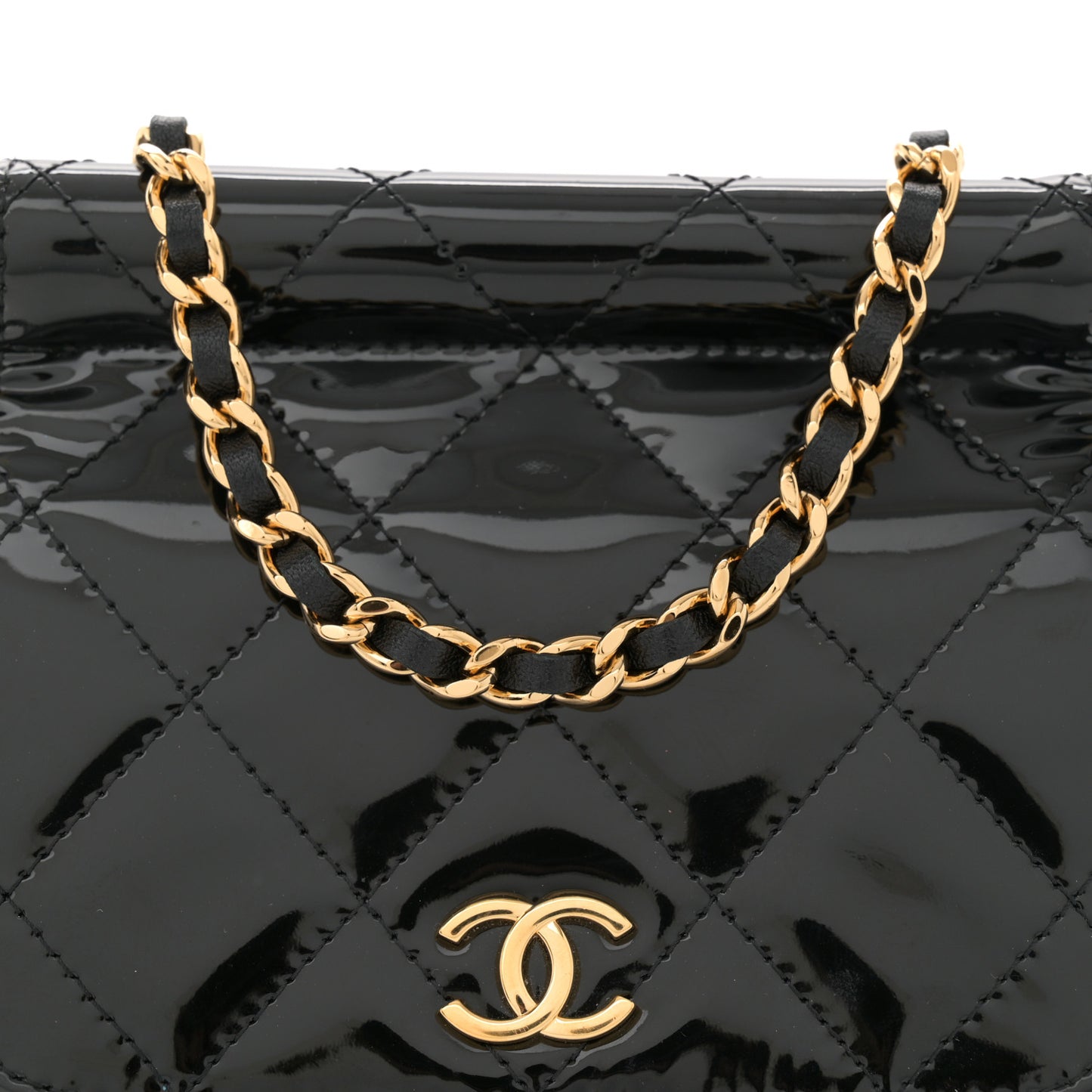 Patent Quilted Frame Clutch Flap With Chain Black