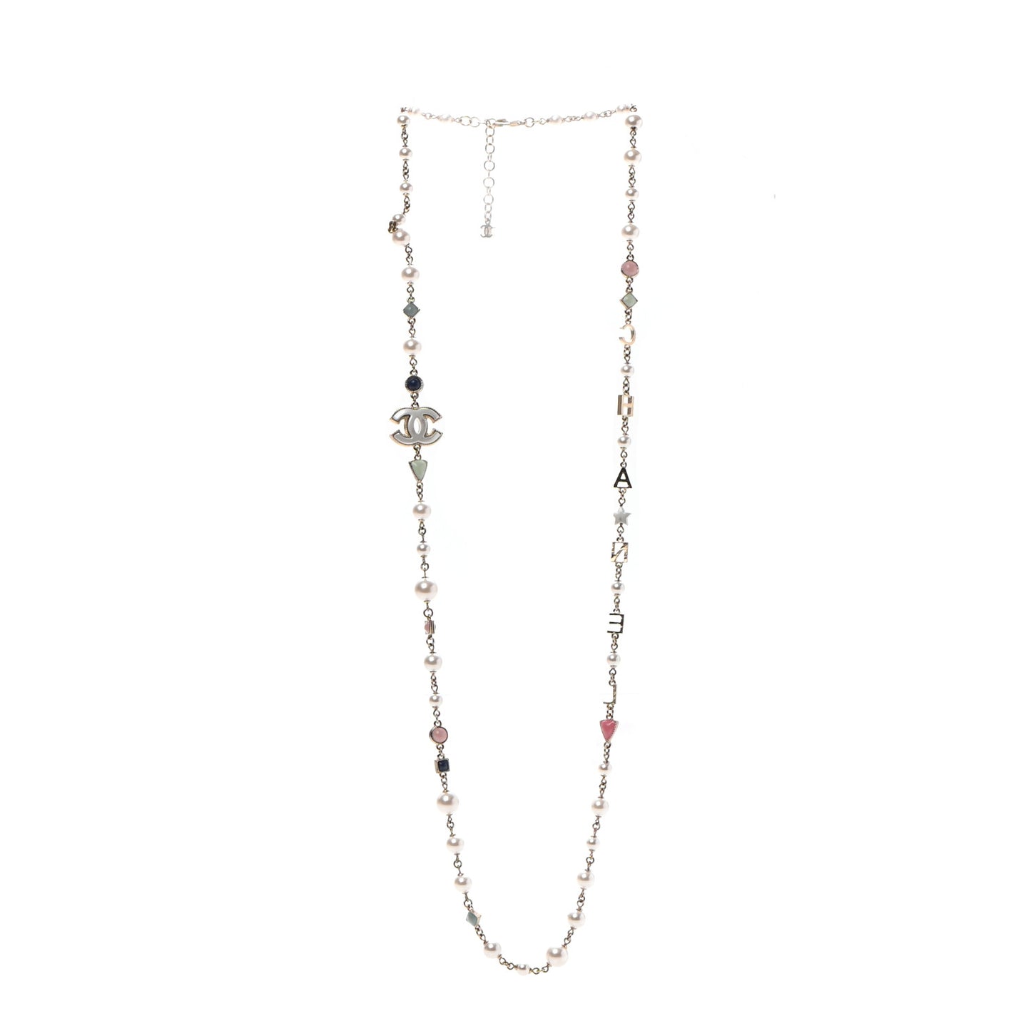 Pearl Beaded CC Logo Long Necklace Gold Multicolor