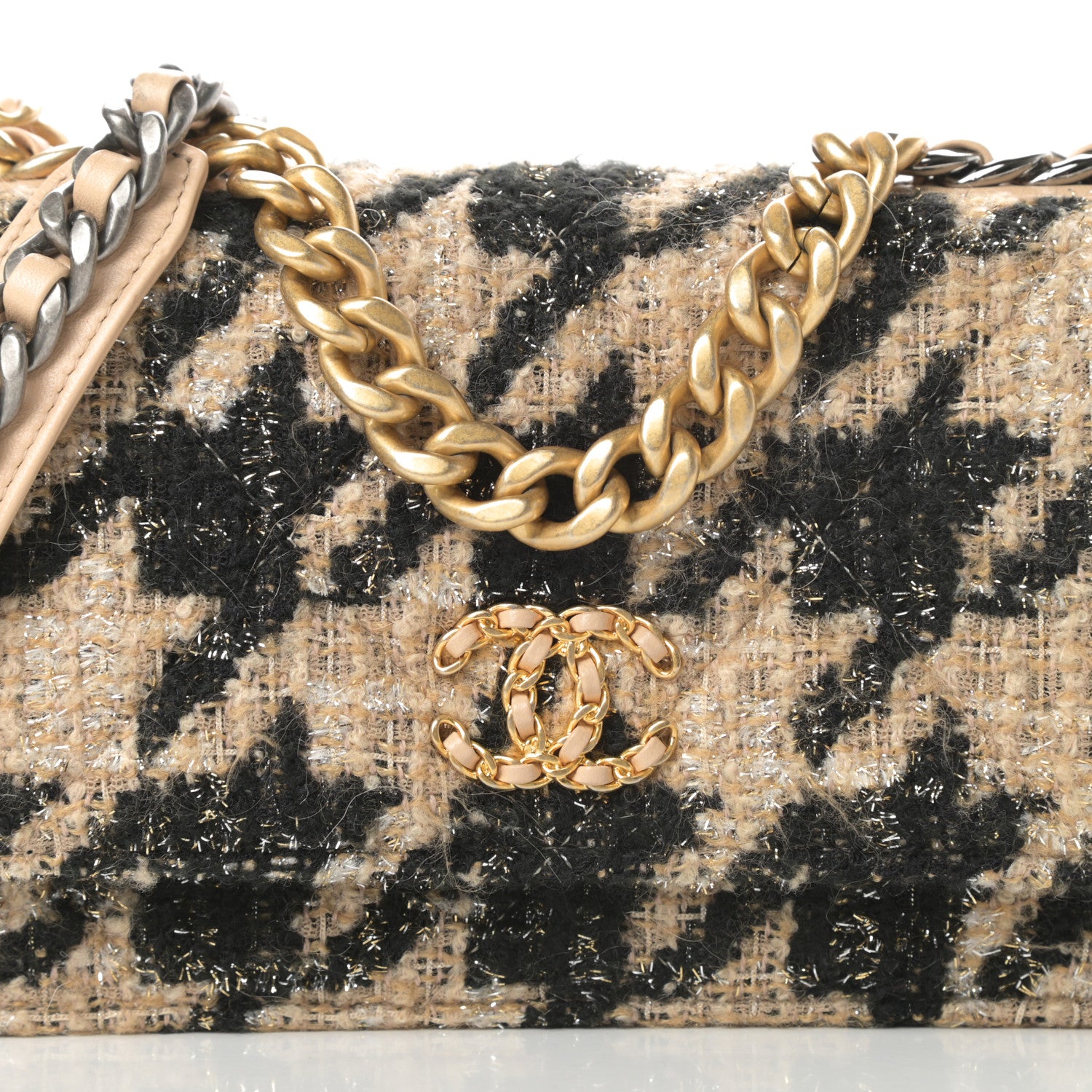 Chanel Wool Tweed Lambskin Quilted Chanel 19 Wallet On Chain WOC and Coin Purse Beige Black 11 of 14
