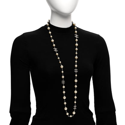 Chanel Graduated Pearl Crystal CC Long Necklace Silver 2 of 5