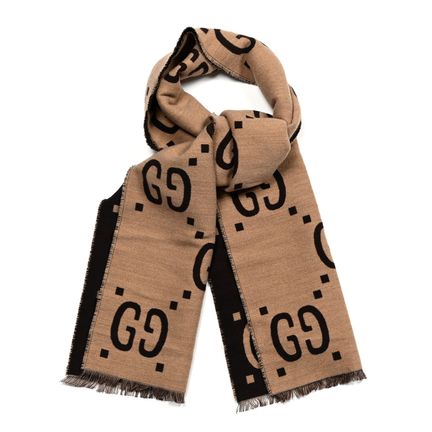 Gucci Wool Silk Monogram Jumbo GG Freedom Scarf Dark Brown Beige 1 of 12
