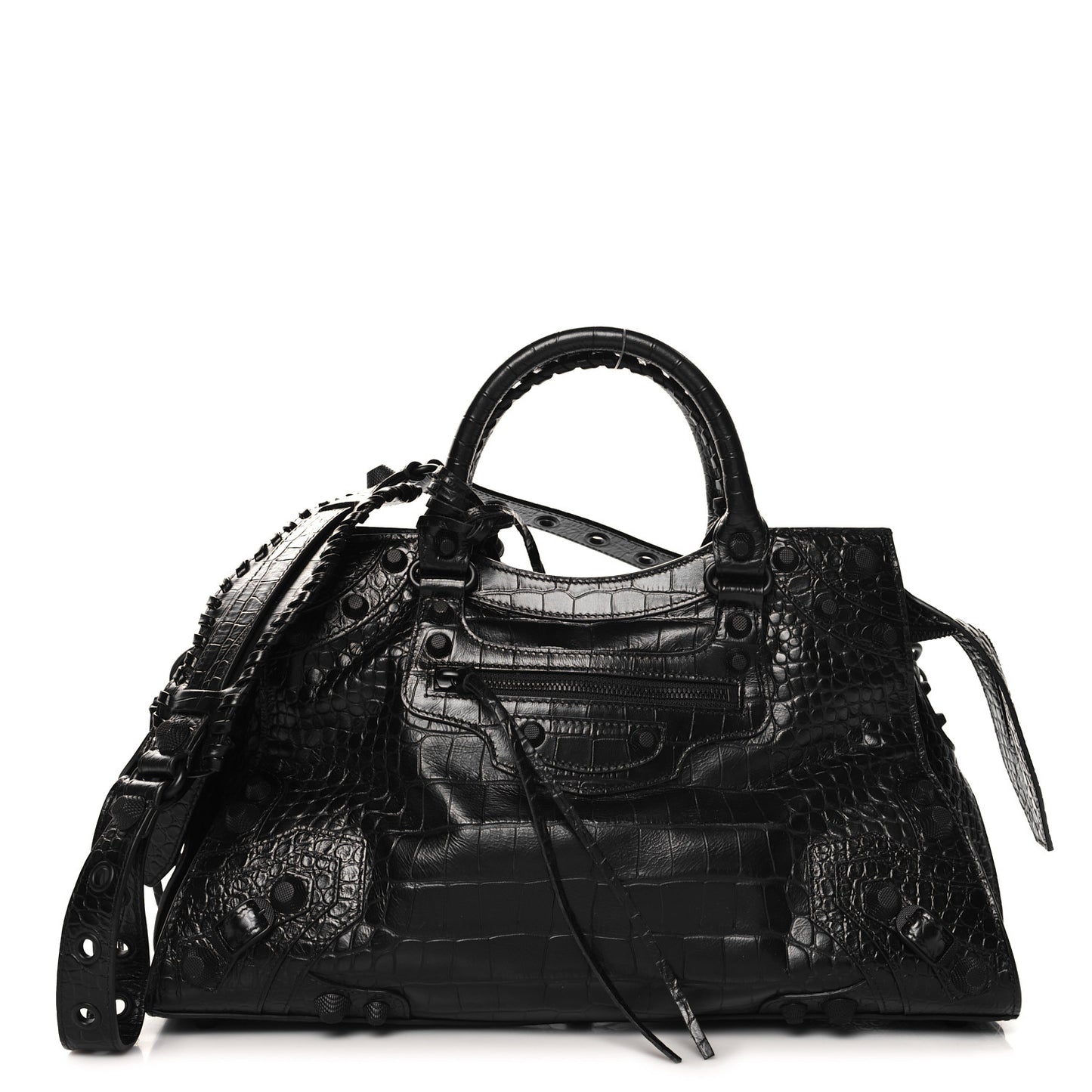 Semi Shiny Calfskin Crocodile Embossed Neo Cagole Black Hardware City Handbag Black