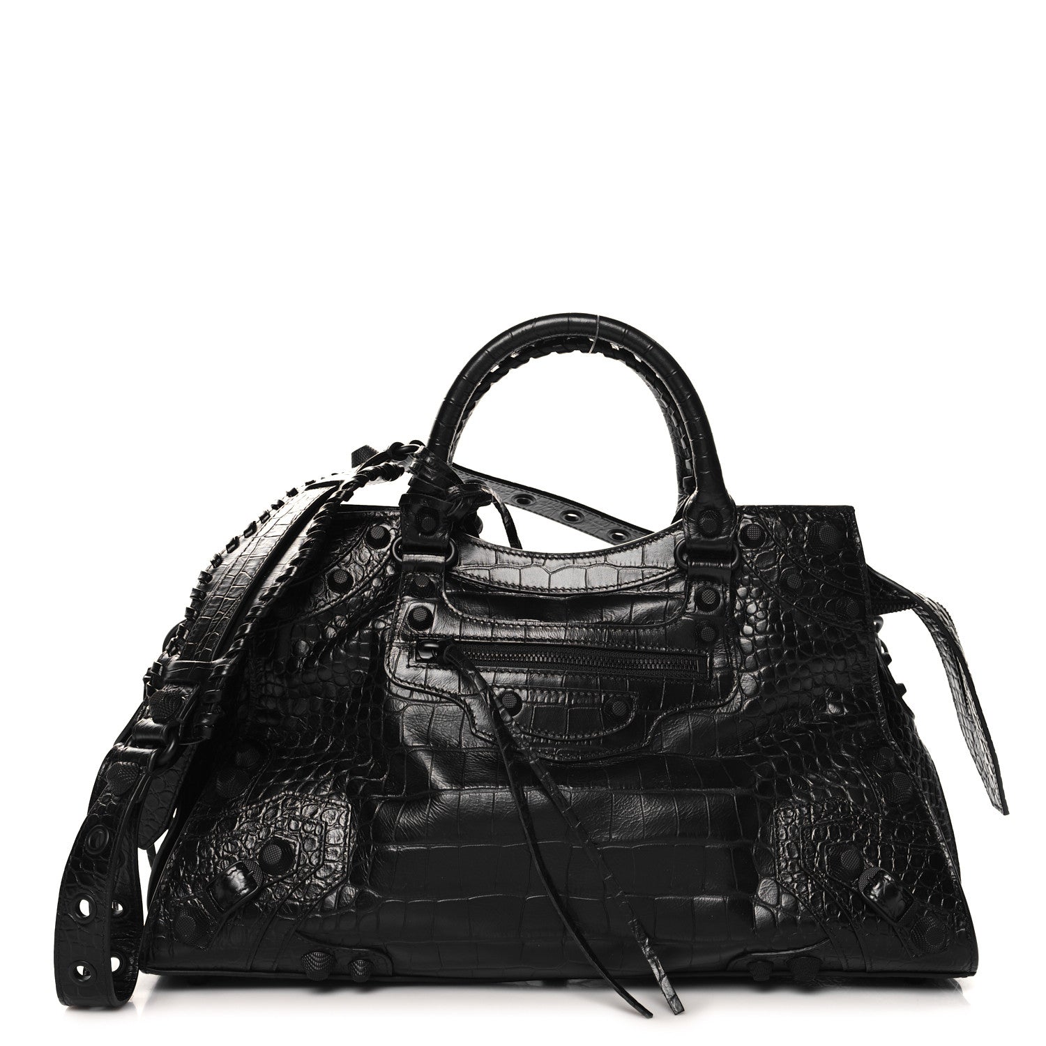 Balenciaga Semi Shiny Calfskin Crocodile Embossed Neo Cagole Black Hardware City Handbag Black 1 of 11