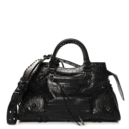 Balenciaga Semi Shiny Calfskin Crocodile Embossed Neo Cagole Black Hardware City Handbag Black 1 of 11