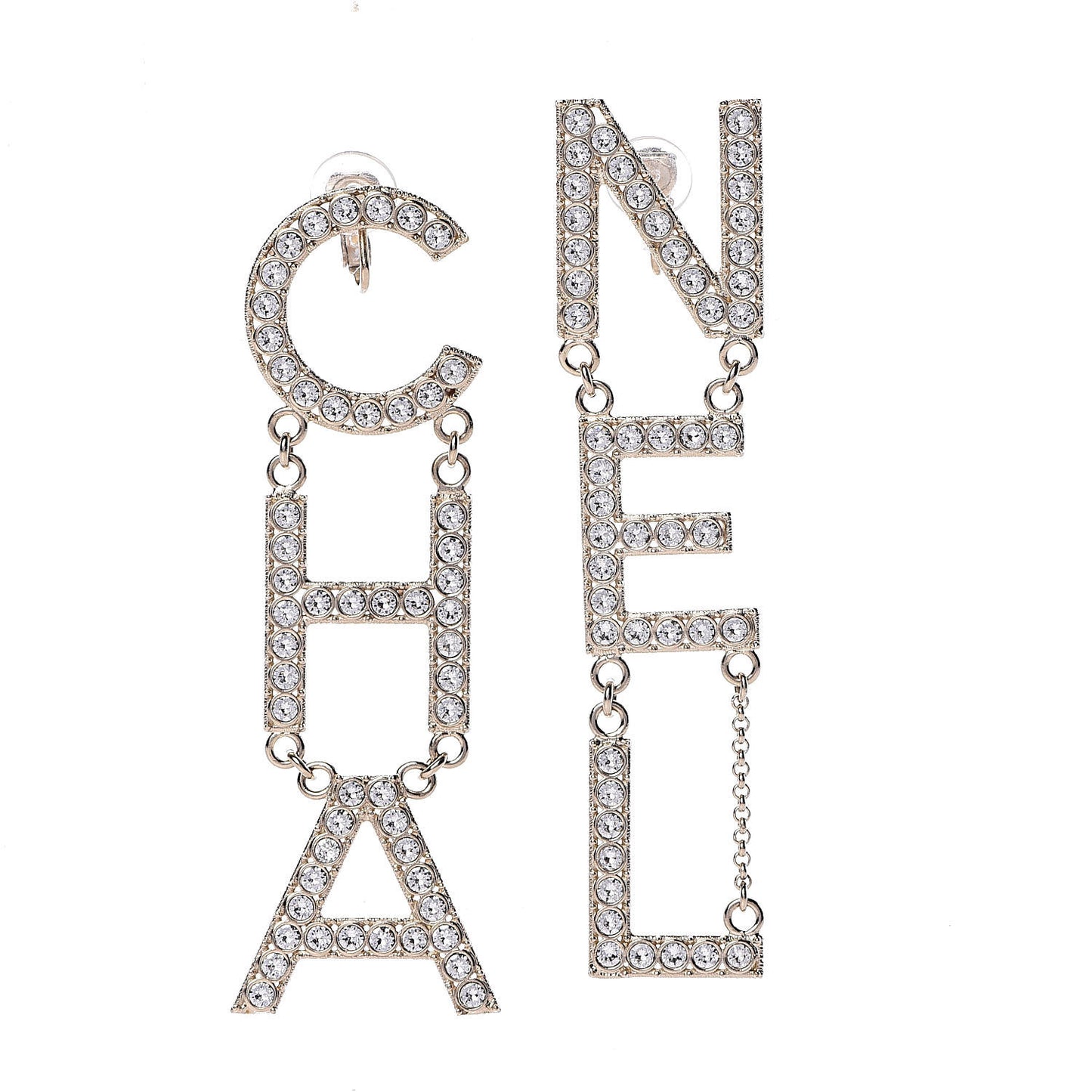 Crystal Cha-Nel Logo Drop Clip On Earrings Gold