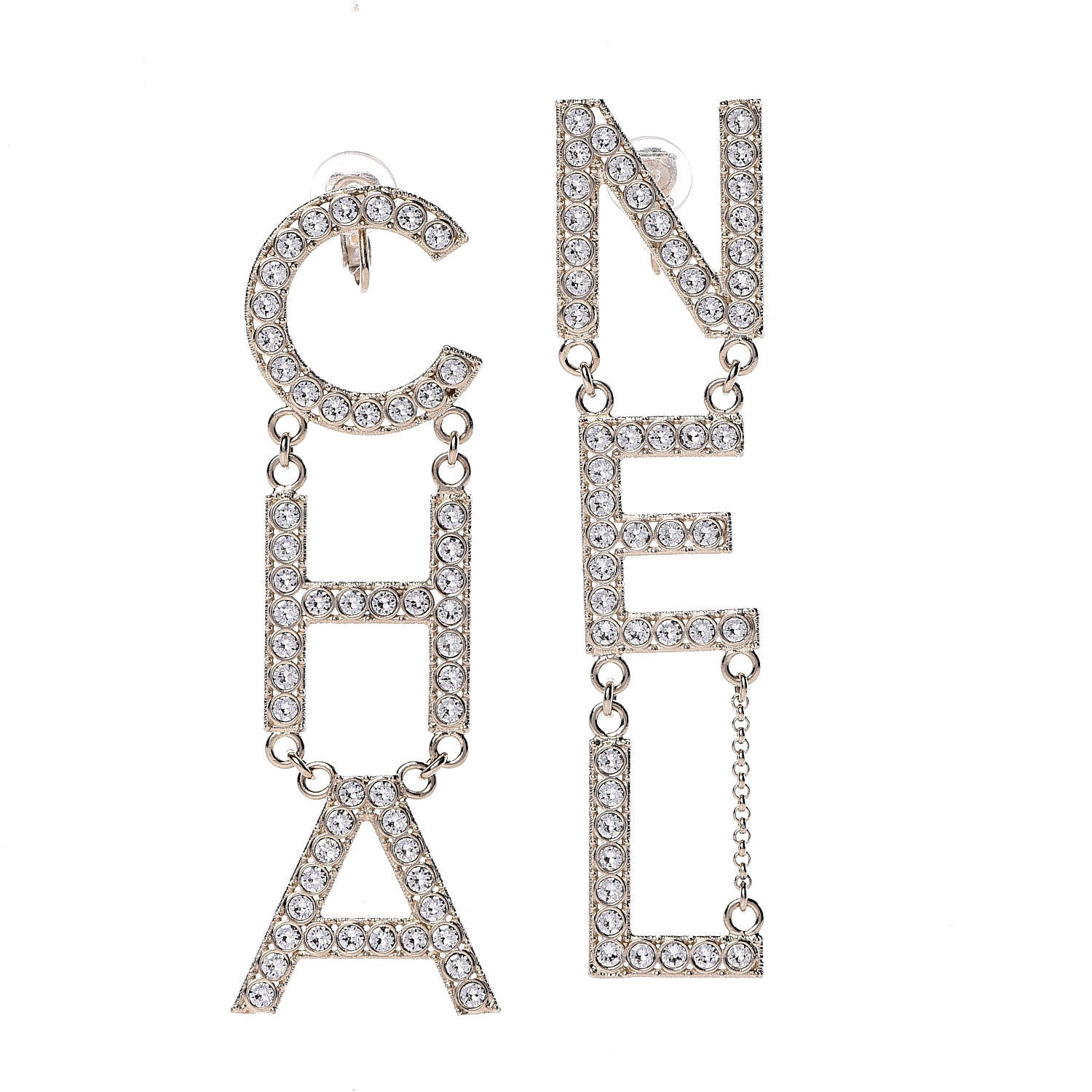 Chanel Crystal Cha-Nel Logo Drop Clip On Earrings Gold 1 of 4