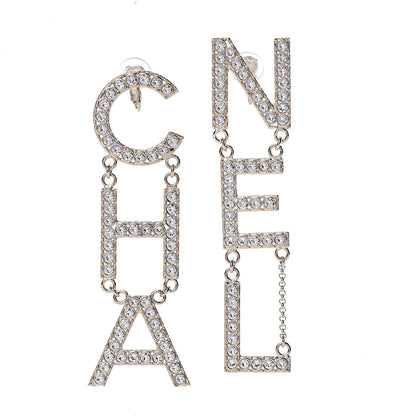 Chanel Crystal Cha-Nel Logo Drop Clip On Earrings Gold 1 of 4