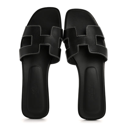 Hermes Box Calfskin Oran Sandals 38.5 Black 2 of 10