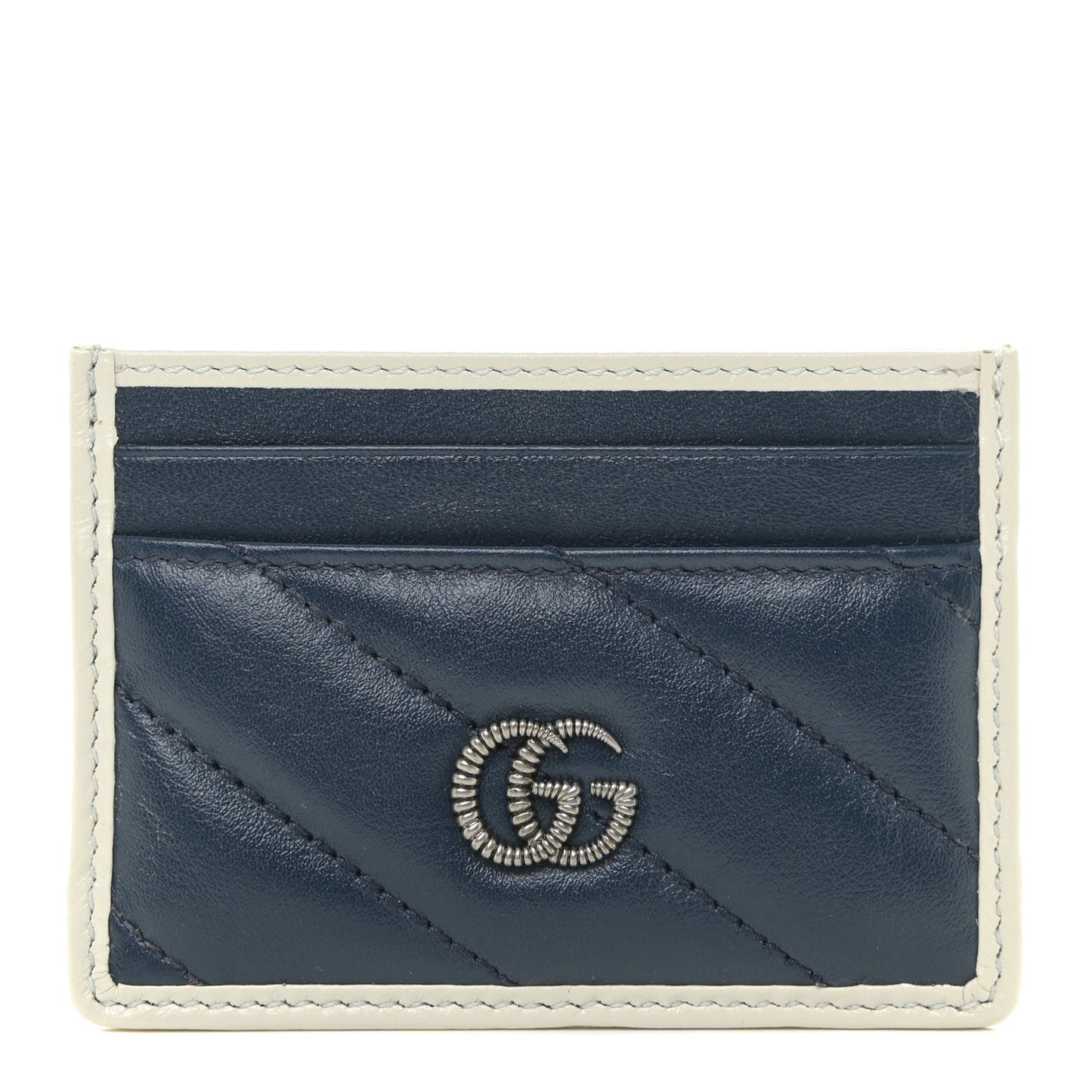 Vintage Effect Calfskin Matelasse Diagonal Torchon GG Marmont Card Holder Blue Agata Mystic White