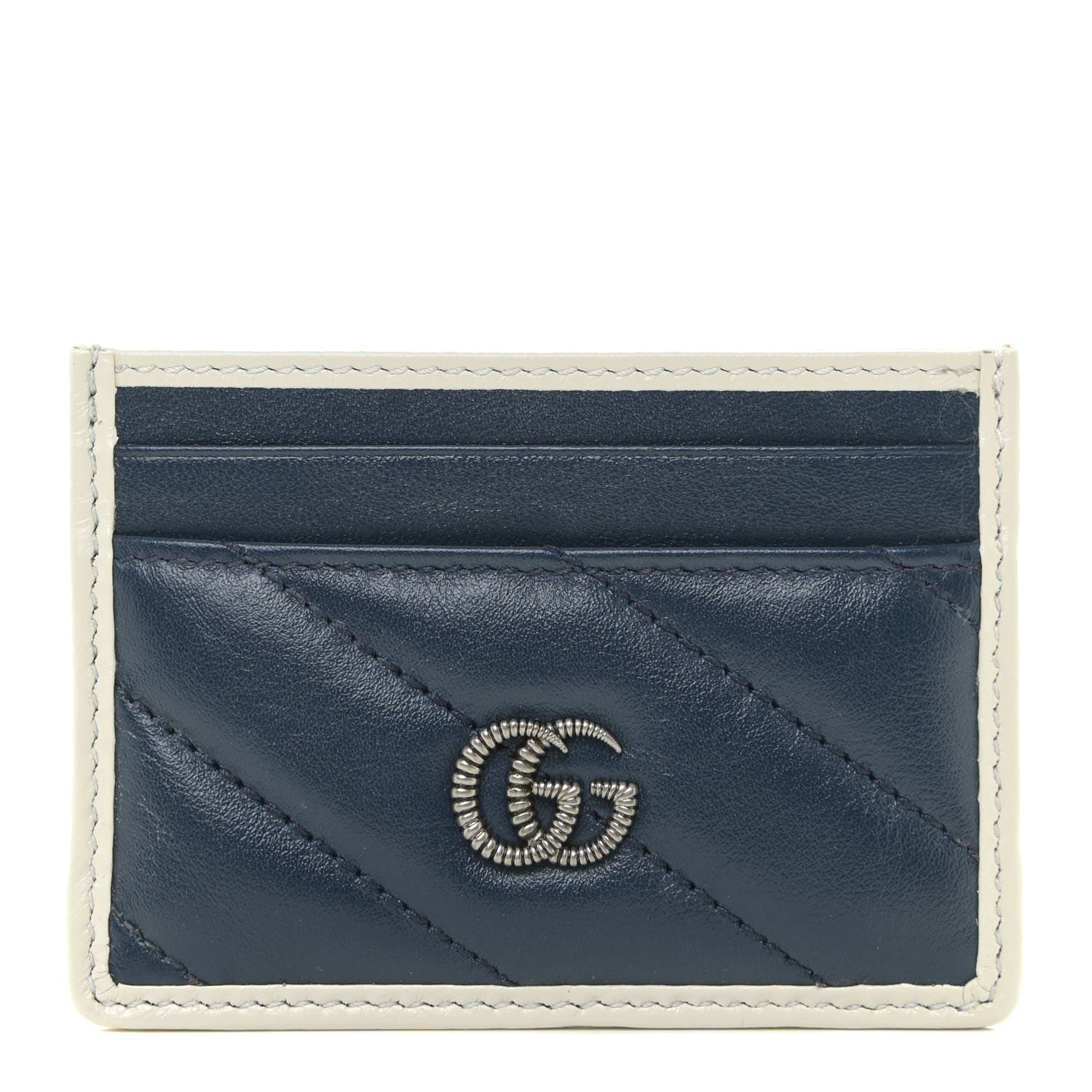 Gucci Vintage Effect Calfskin Matelasse Diagonal Torchon GG Marmont Card Holder Blue Agata Mystic White 1 of 10