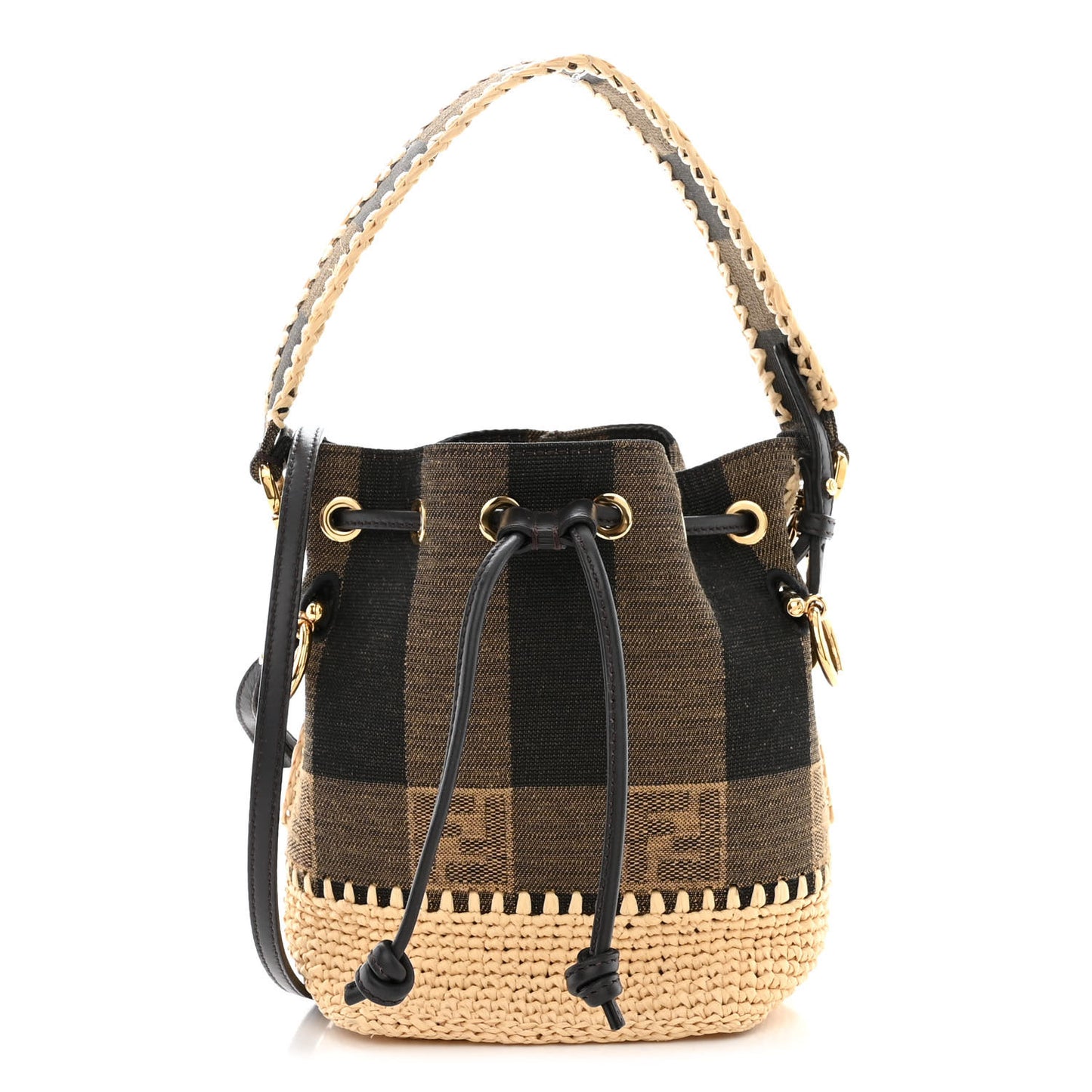 Fabric Jacquard Raffia Straw Pequin Gingham Woven Mini Mon Tresor Bucket Bag Beige Black Natural