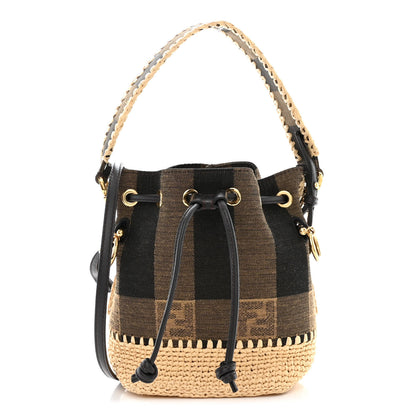 Fendi Fabric Jacquard Raffia Straw Pequin Gingham Woven Mini Mon Tresor Bucket Bag Beige Black Natural 1 of 11