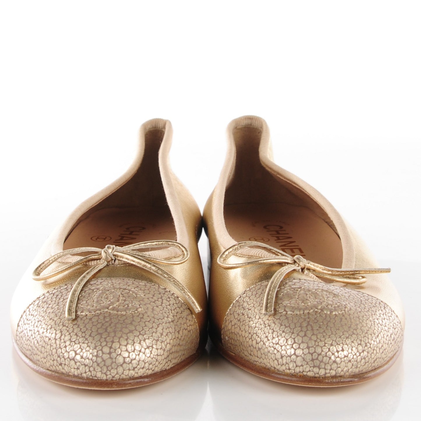 Lambskin Metallic Caviar CC Cap Toe Ballerina Flats 37 Light Gold
