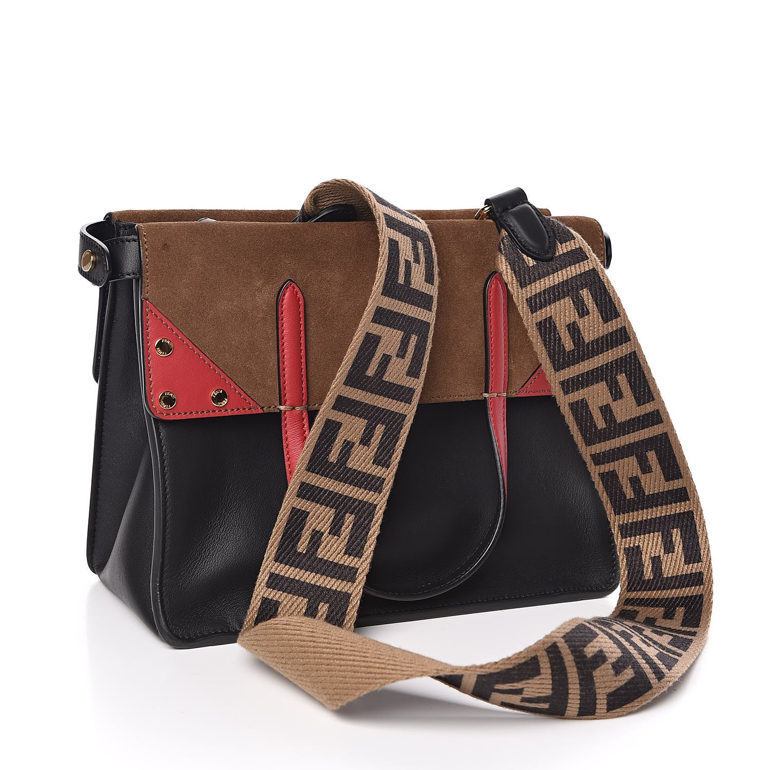 Fendi Vitello Grace Suede Small Flip Tote Black Fragola Marrone 3 of 9