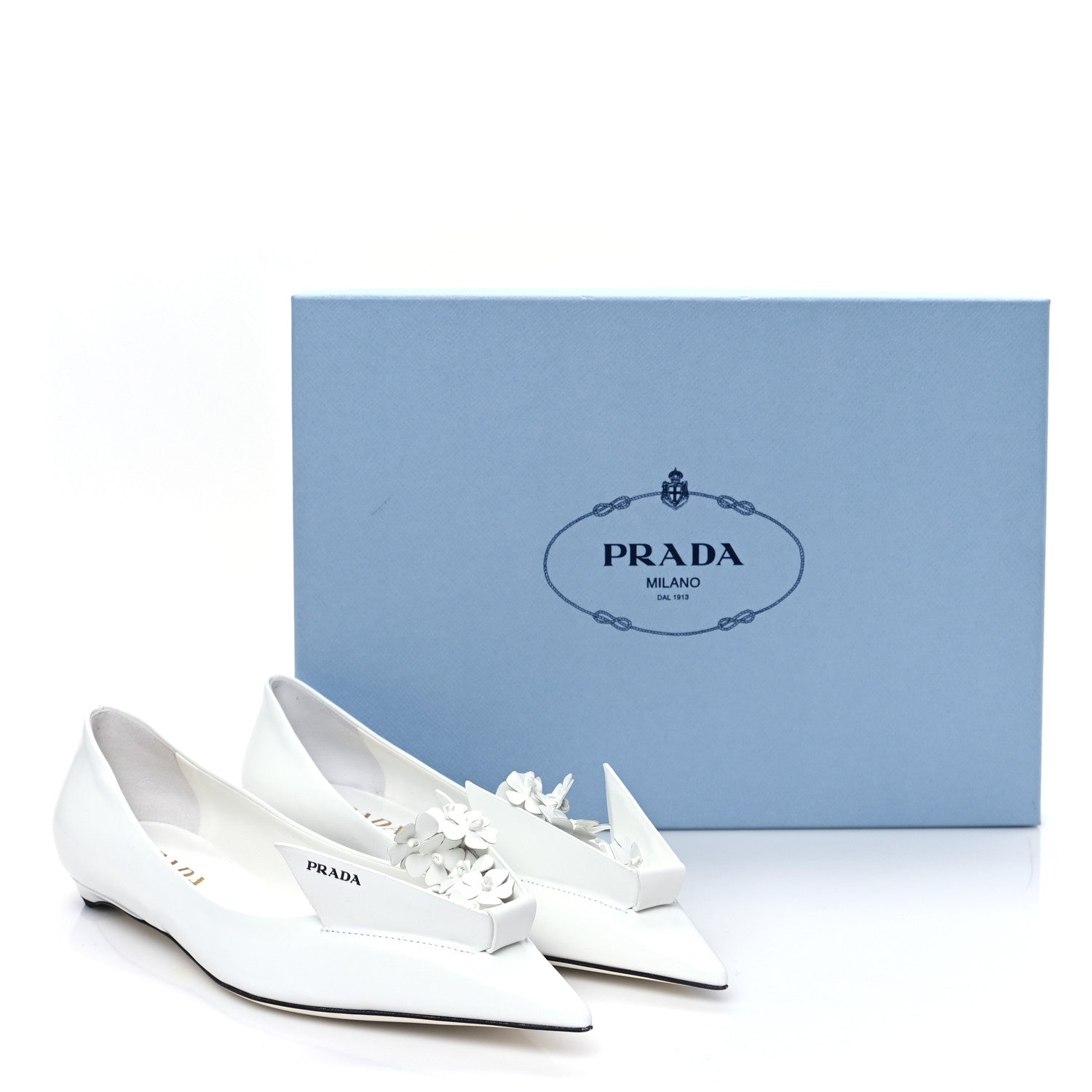 Prada Brushed Calfskin Floral Applique Ballerina Flats 37 White 9 of 9