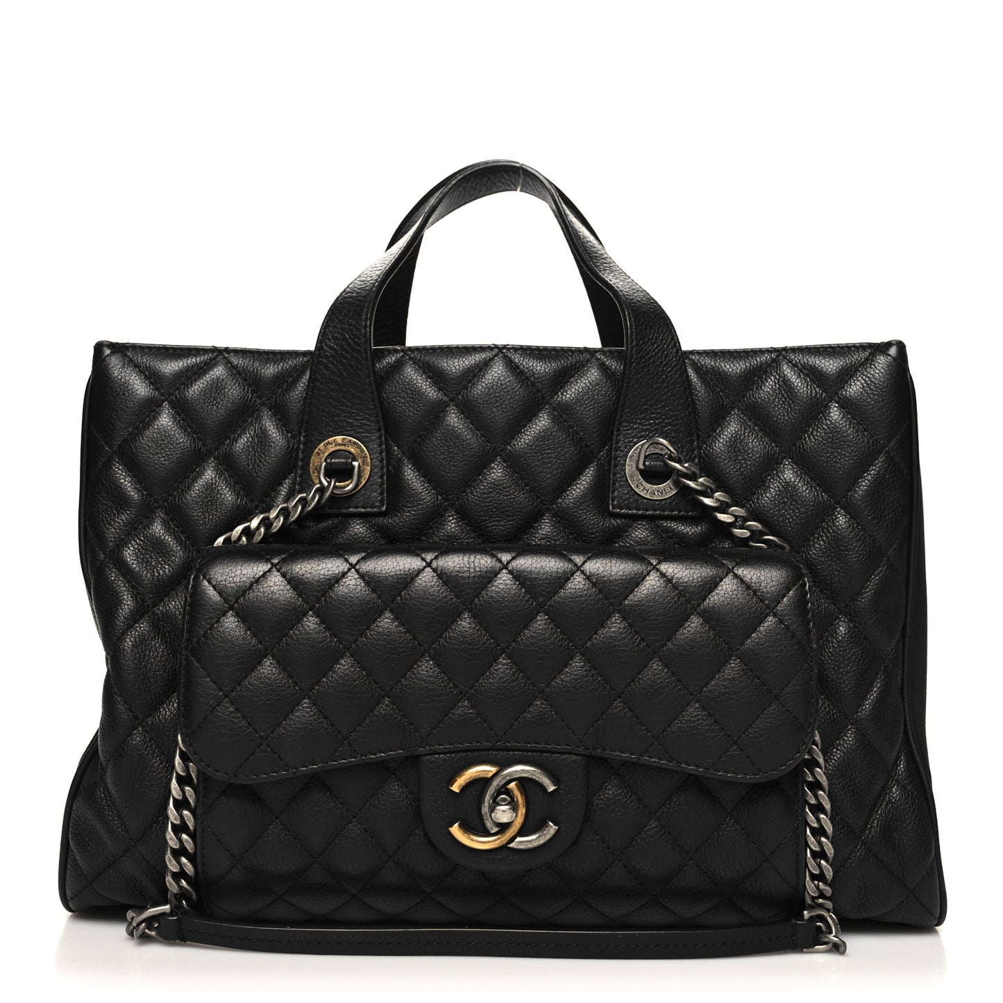 Metallic Grained Calfskin Quilted Large Casual Pocket Tote Black