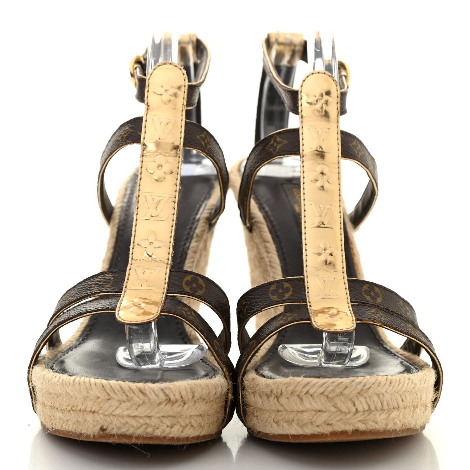 Louis Vuitton Monogram Metallic Bahamas T-Strap Espadrille Wedge Sandals 37 Brown 3 of 28