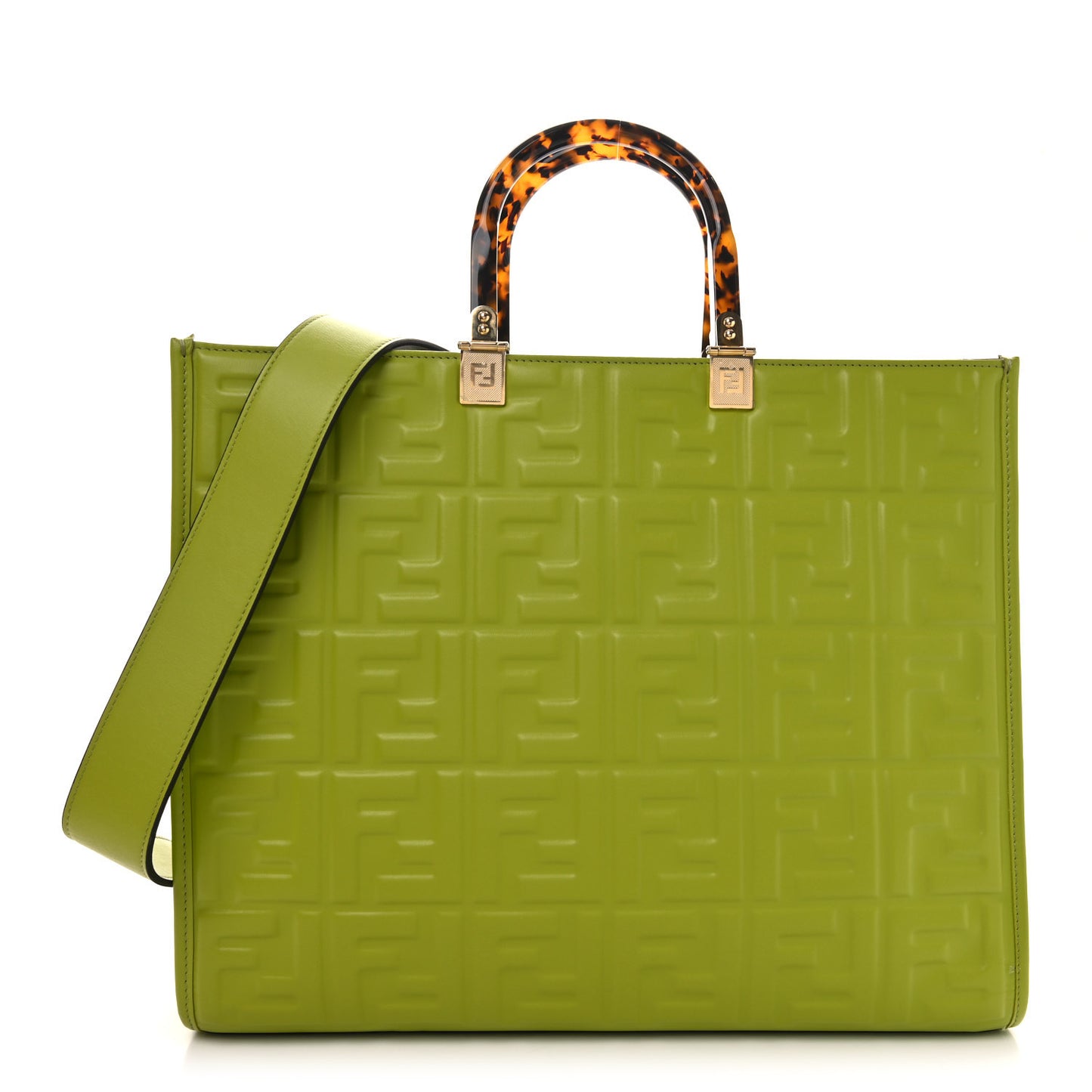 Vitello Plexiglass FF Embossed Medium Fendi Sunshine Shopper Tote Wasabi