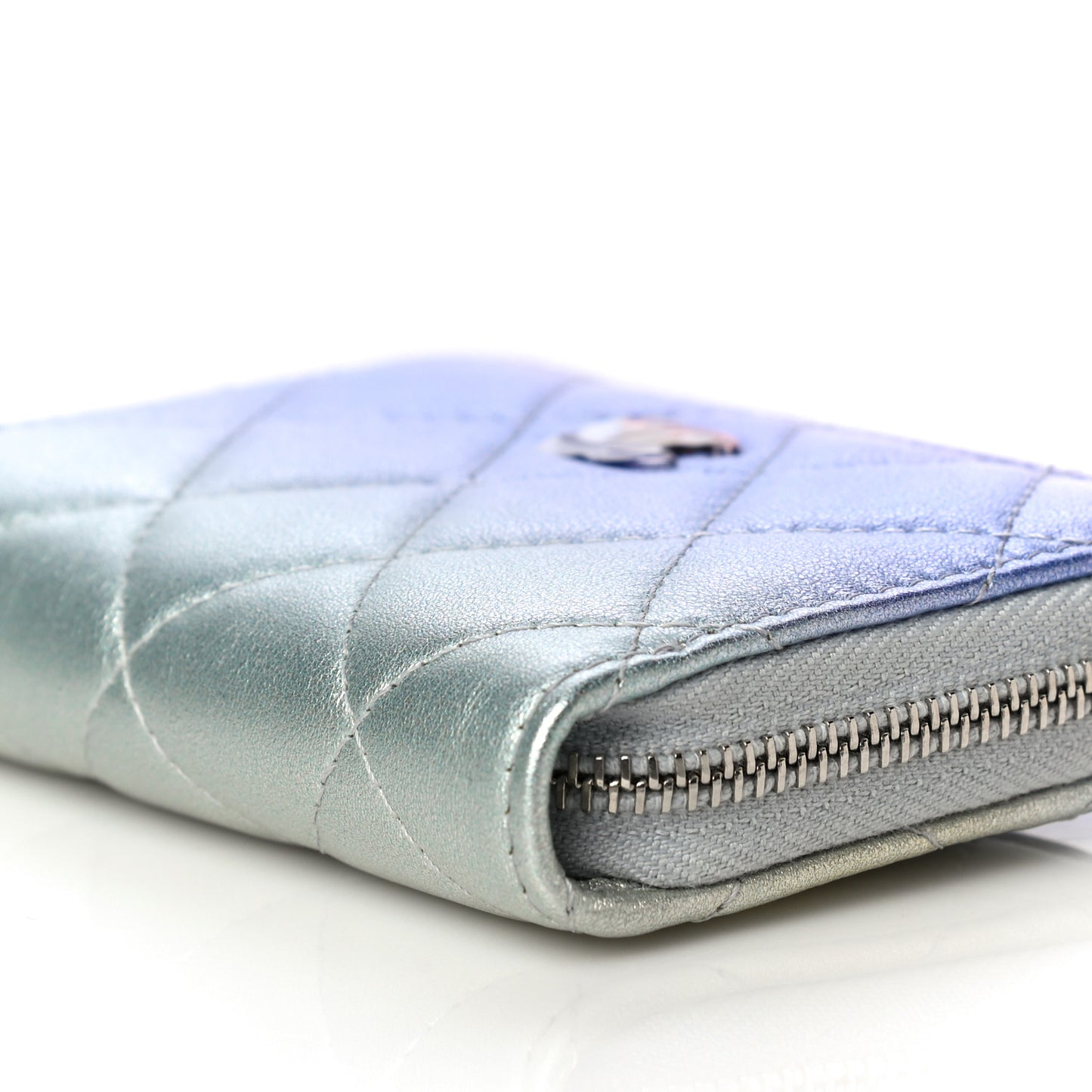 Gradient Metallic Calfskin Quilted Zip Around Coin Purse Wallet Silver Blue Yellow Purple