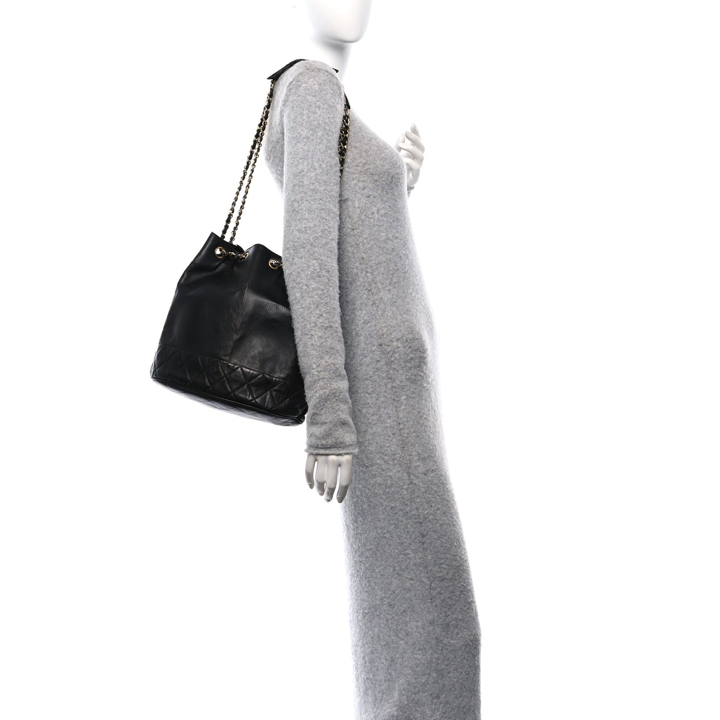 Lambskin Quilted Drawstring Bucket Bag Black