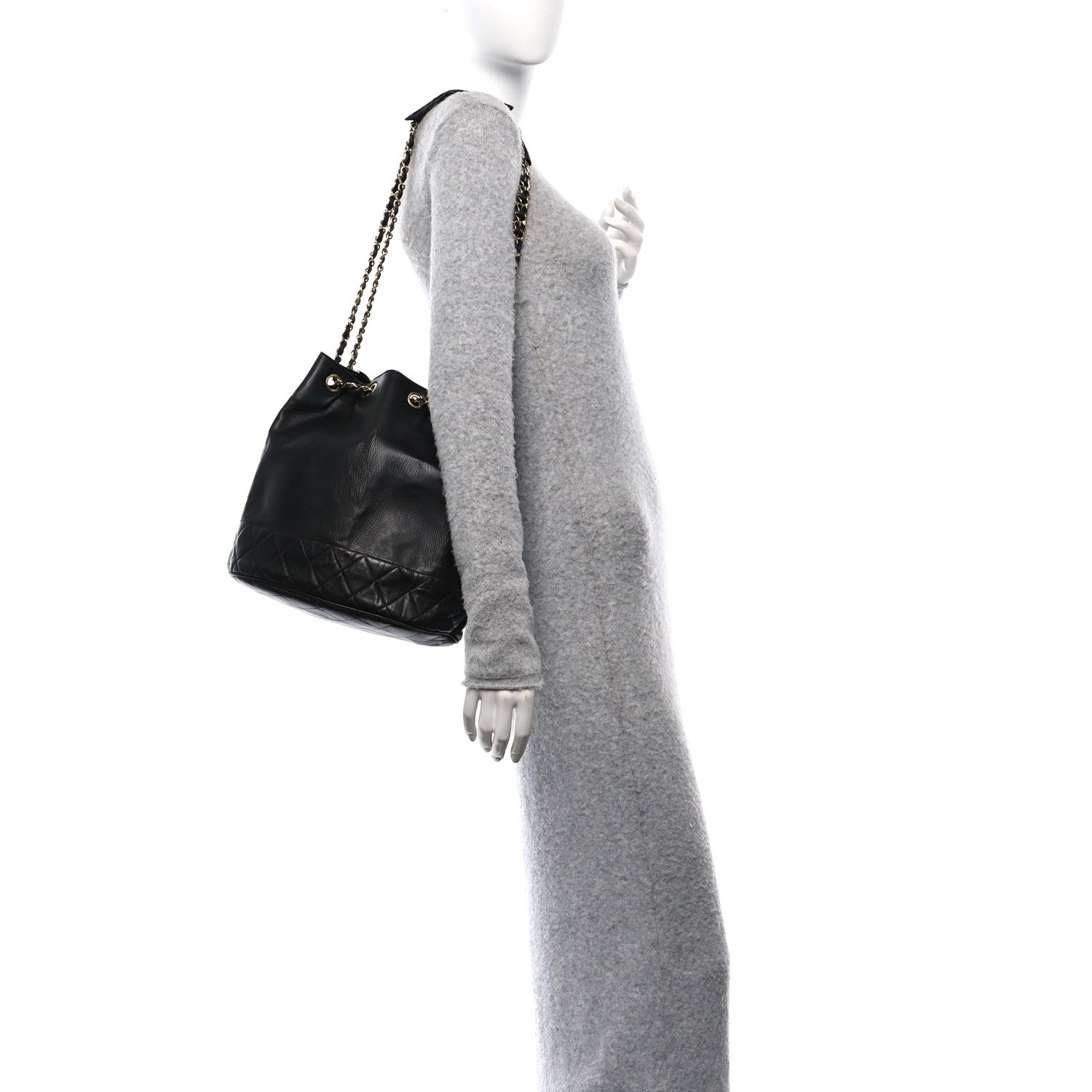 Chanel Lambskin Quilted Drawstring Bucket Bag Black 2 of 17