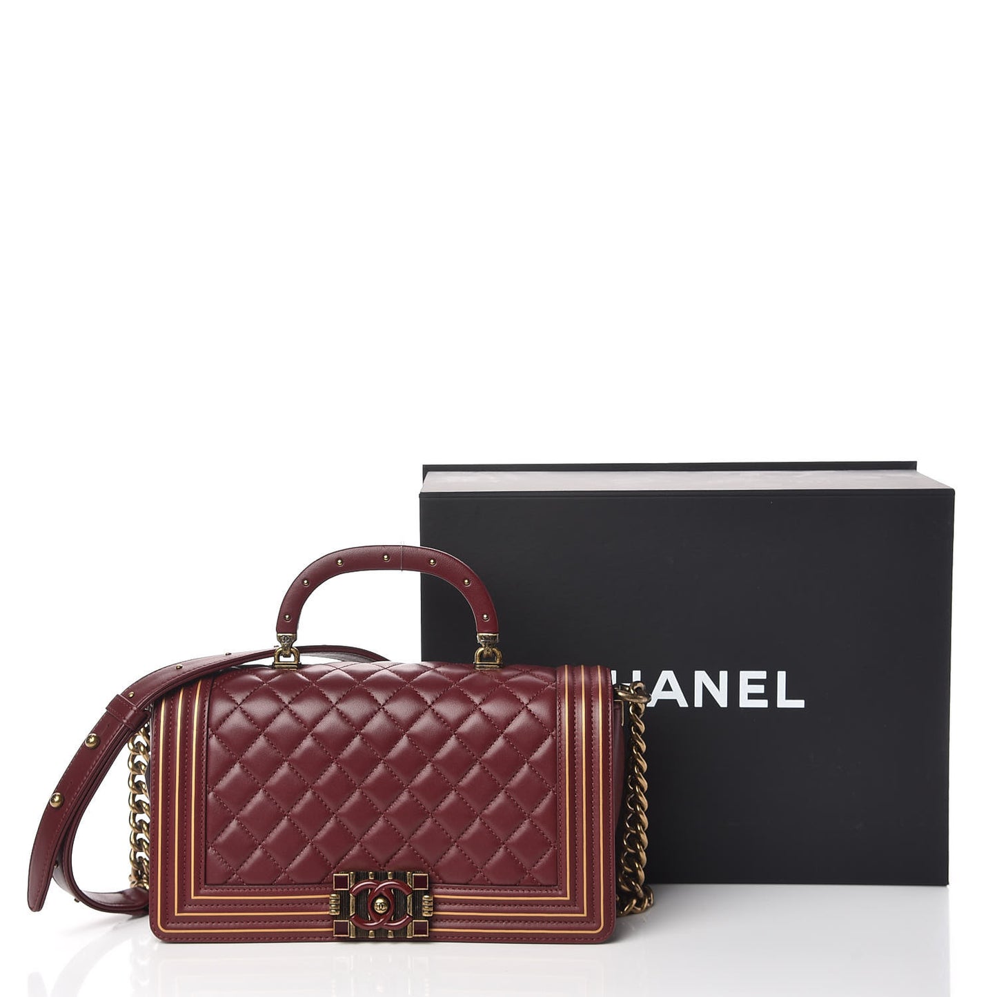 Lambskin Quilted Medium Boy Studded Handle Flap Burgundy Gold
