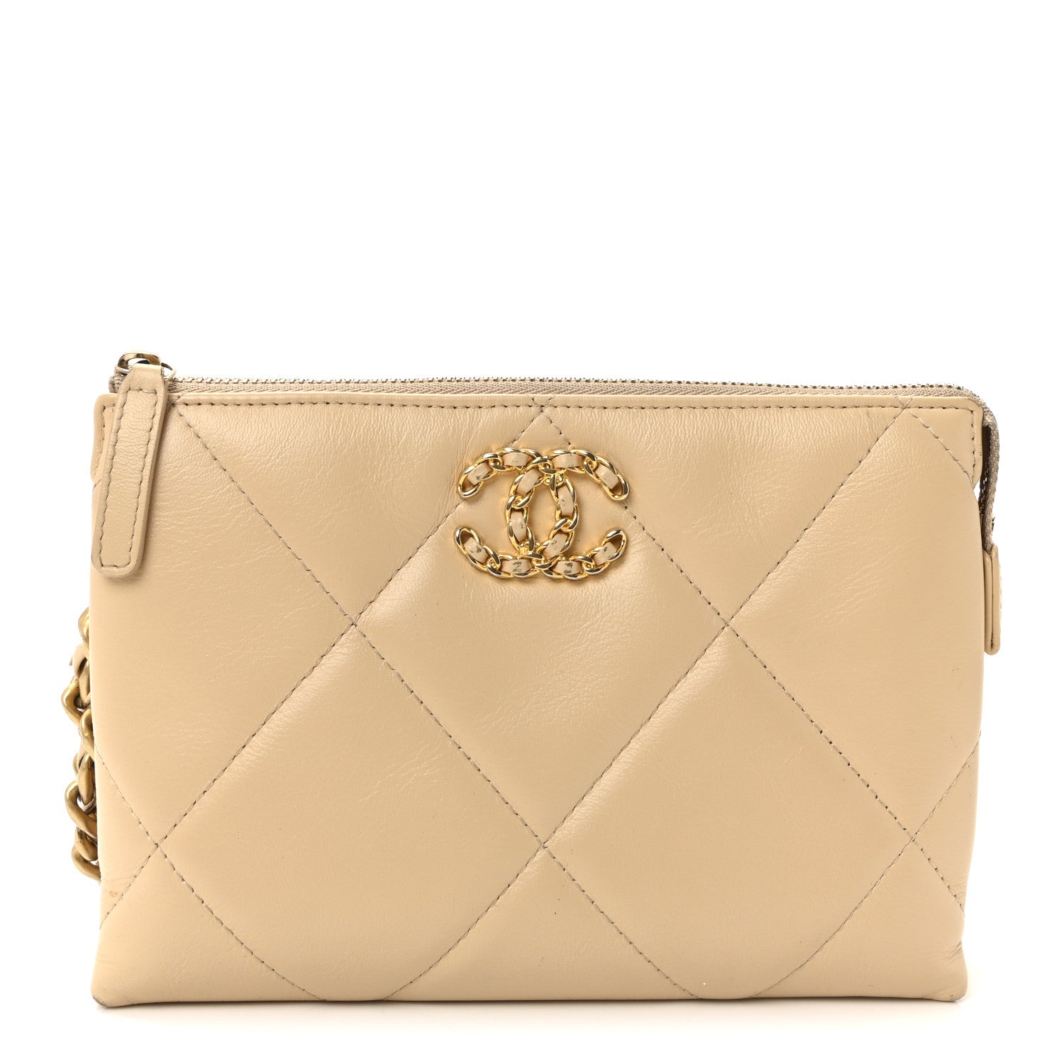 Chanel Shiny Goatskin Quilted Chanel 19 Small Pouch With Handle Beige 1 of 8