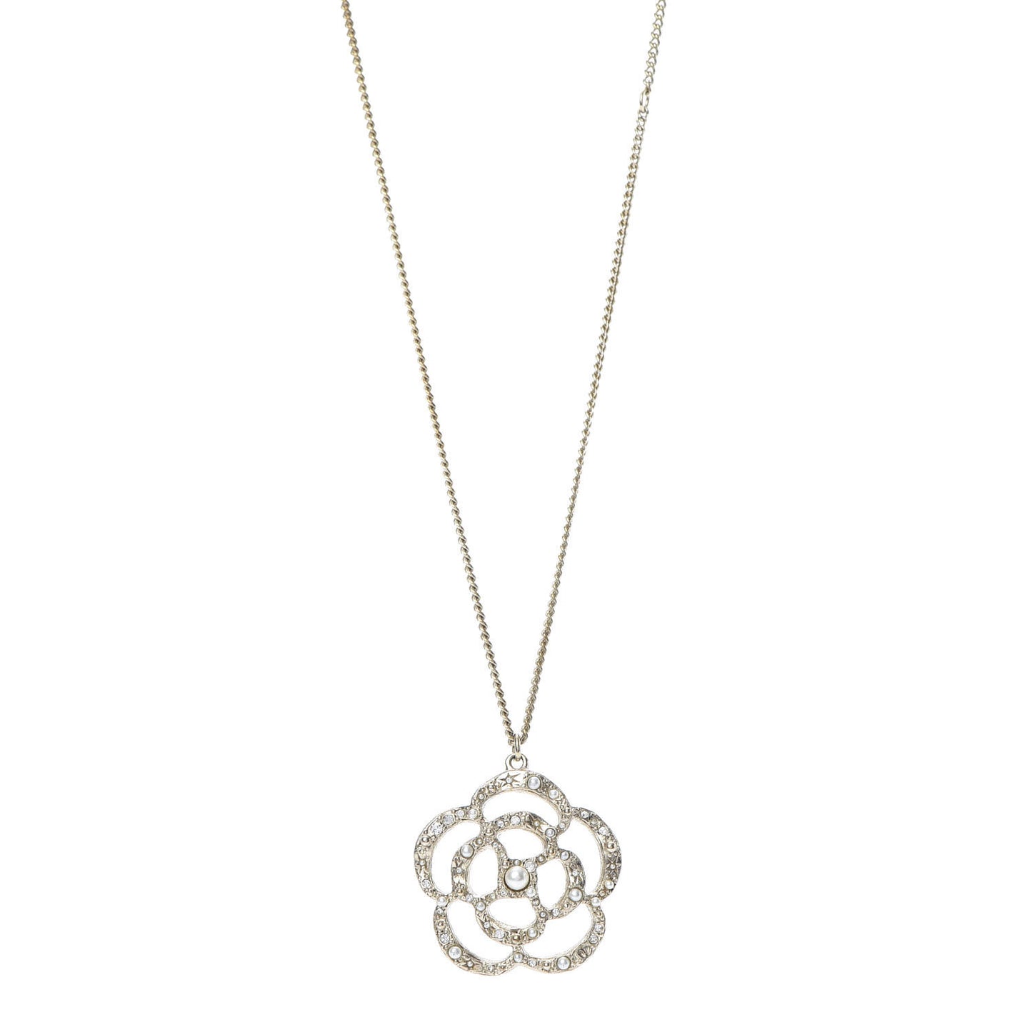 Pearl Crystal Large Camellia Pendant Necklace Light Gold