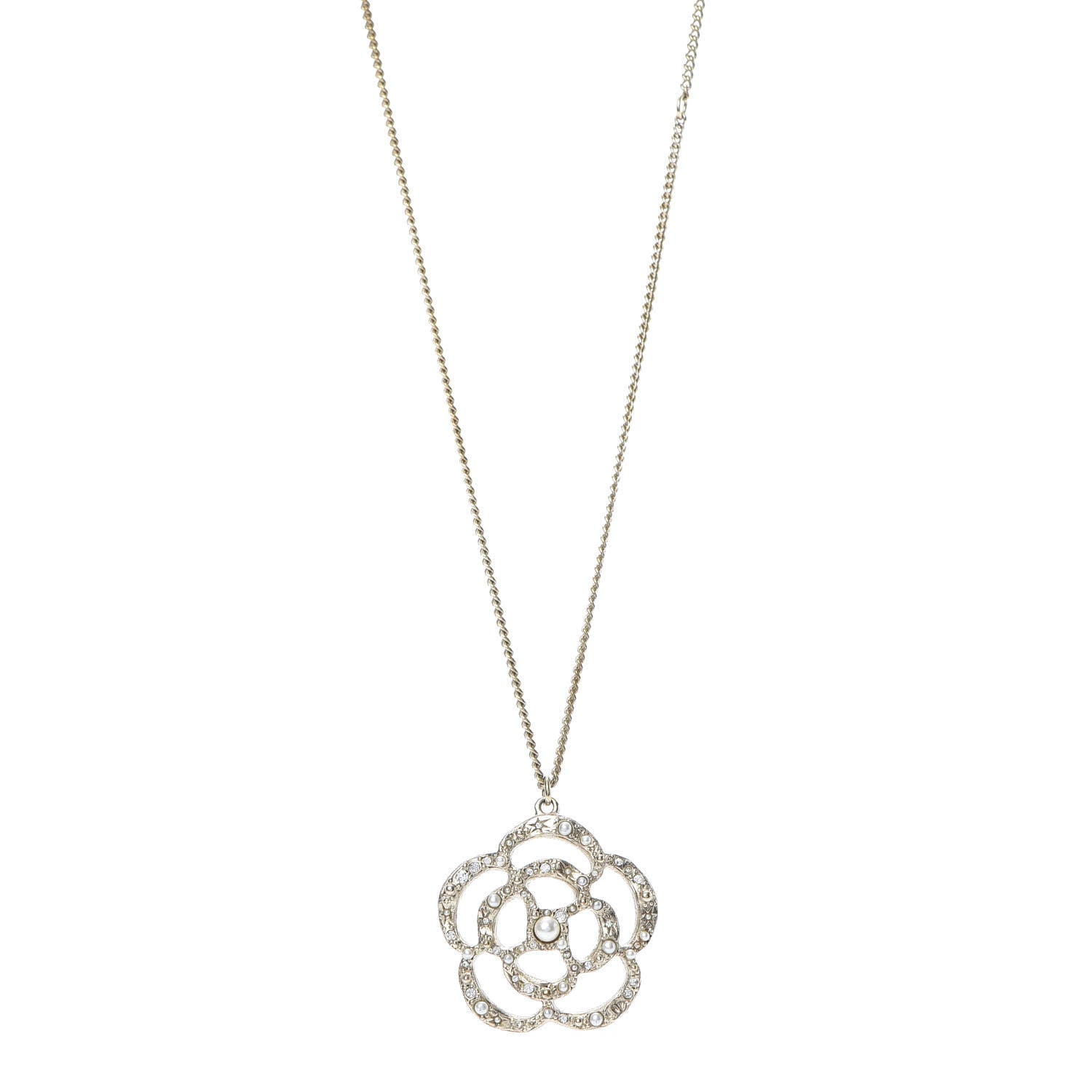 Chanel Pearl Crystal Large Camellia Pendant Necklace Light Gold 1 of 5