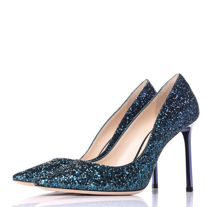 Jimmy Choo Glitter Pointy Toe Romy 100 Pumps 37.5 Peacock Navy 3 of 10