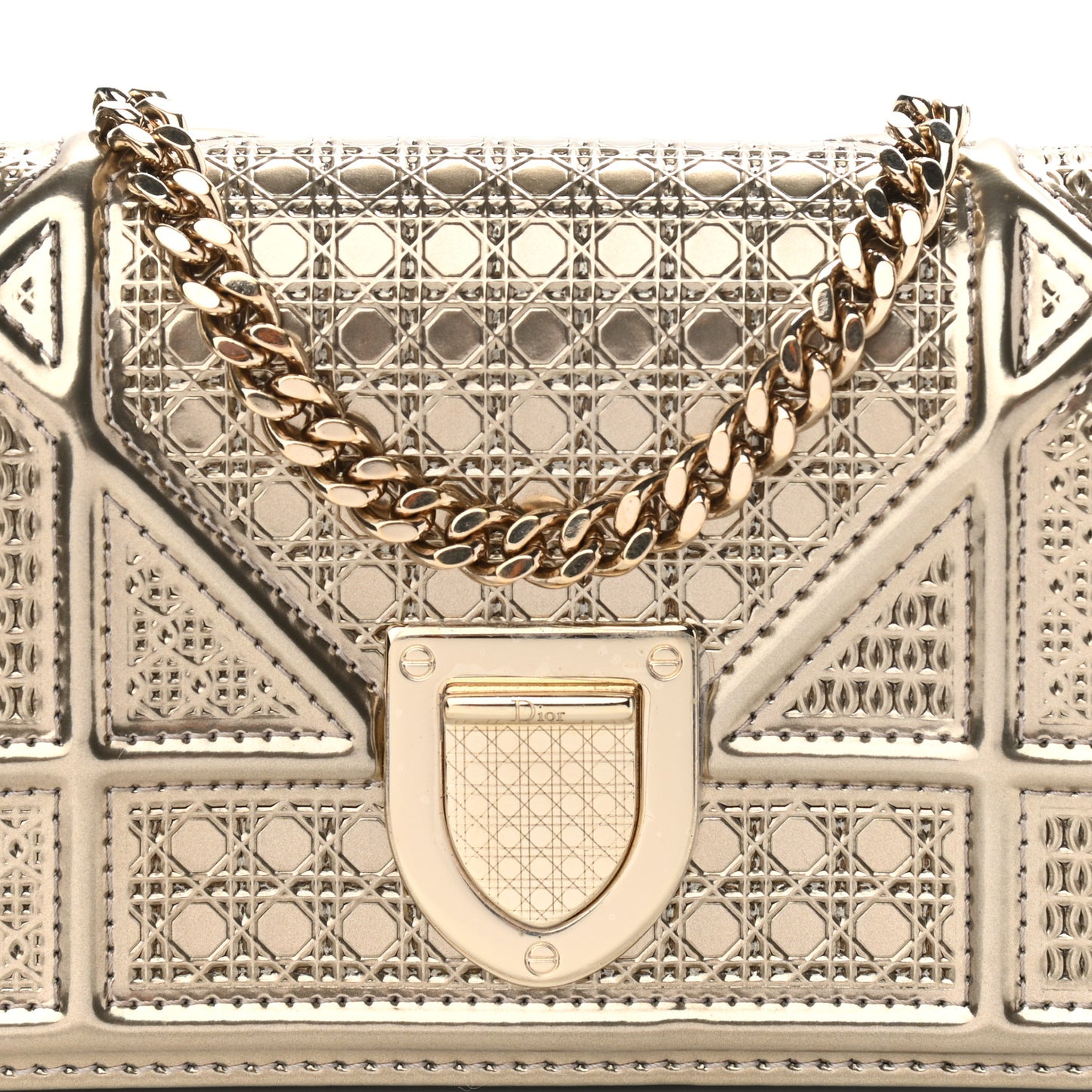 Metallic Patent Micro-Cannage Baby Diorama Flap Bag Gold