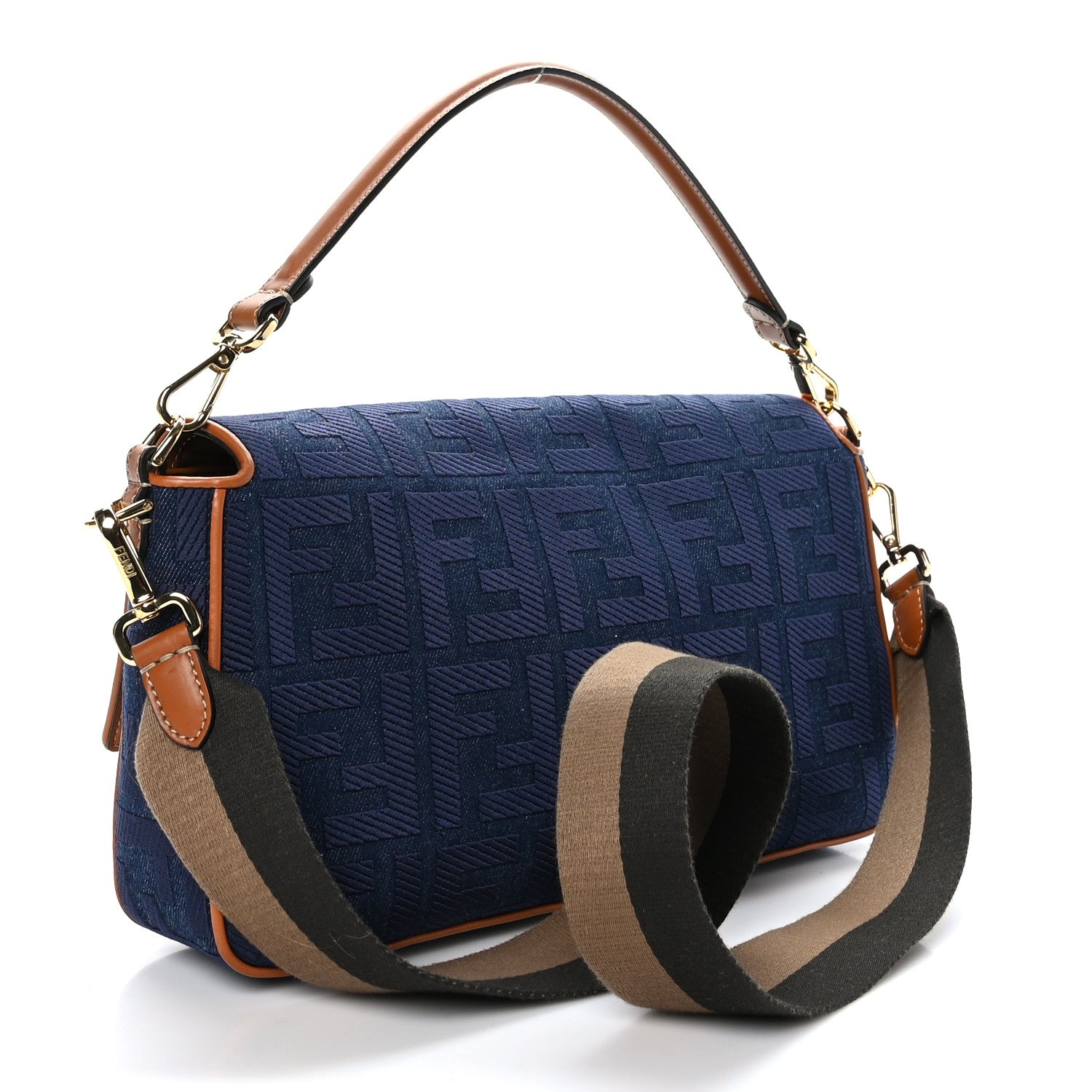 Fendi Denim Vitello King FF Embroidered Large Baguette Blue Cuoio 3 of 8