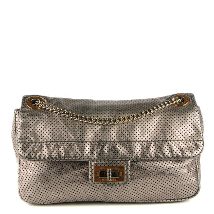 Chanel Metallic Crackled Calfskin Perforated Large Drill Flap Silver 1 of 7