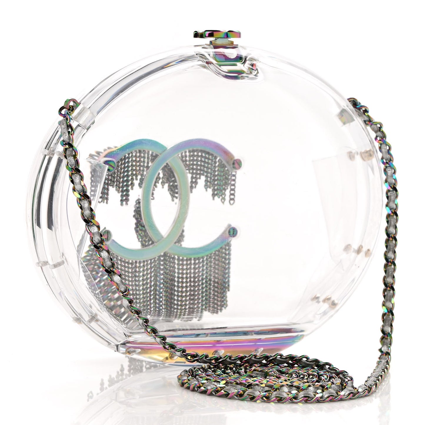 Plexiglass Iridescent Chain Fringe CC Clutch Clear