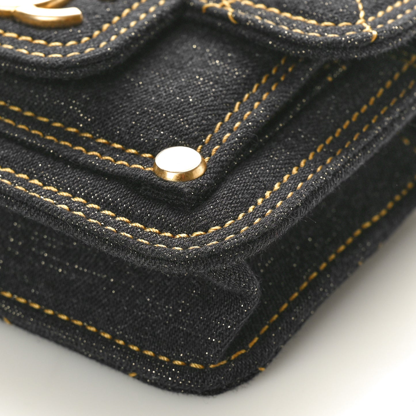 Denim Quilted Double You Card Holder On Chain Black Golden