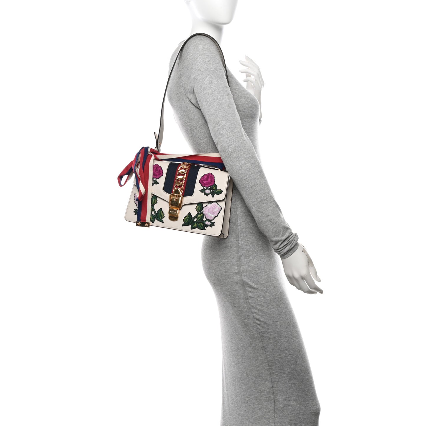 Calfskin Embroidered Small Sylvie Shoulder Bag White