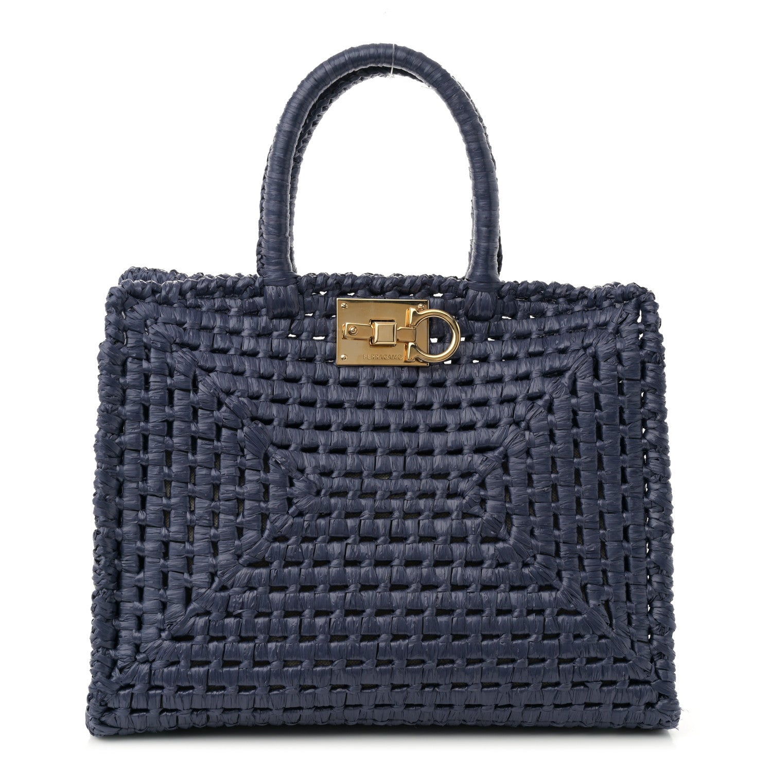 Salvatore Ferragamo Raffia Medium The Studio Box Bag Midnight 1 of 12
