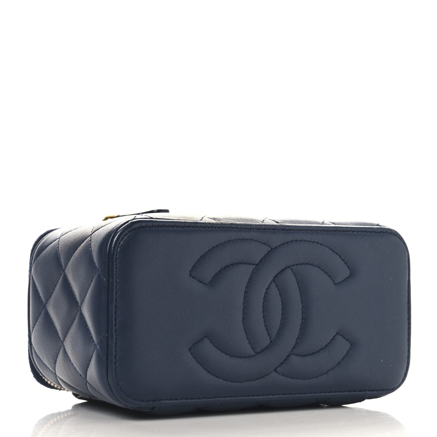 Lambskin Quilted Metal Small Top Handle Vanity Case With Chain Blue