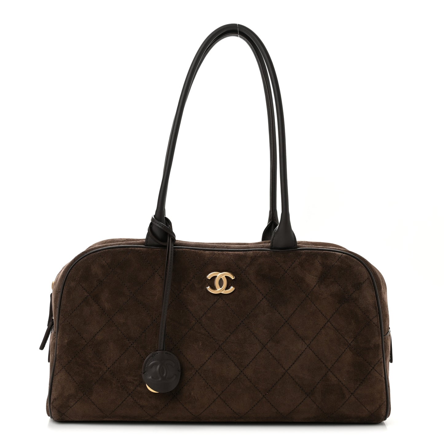 Suede Calfskin Large Perfect Bowling Bag Dark Brown