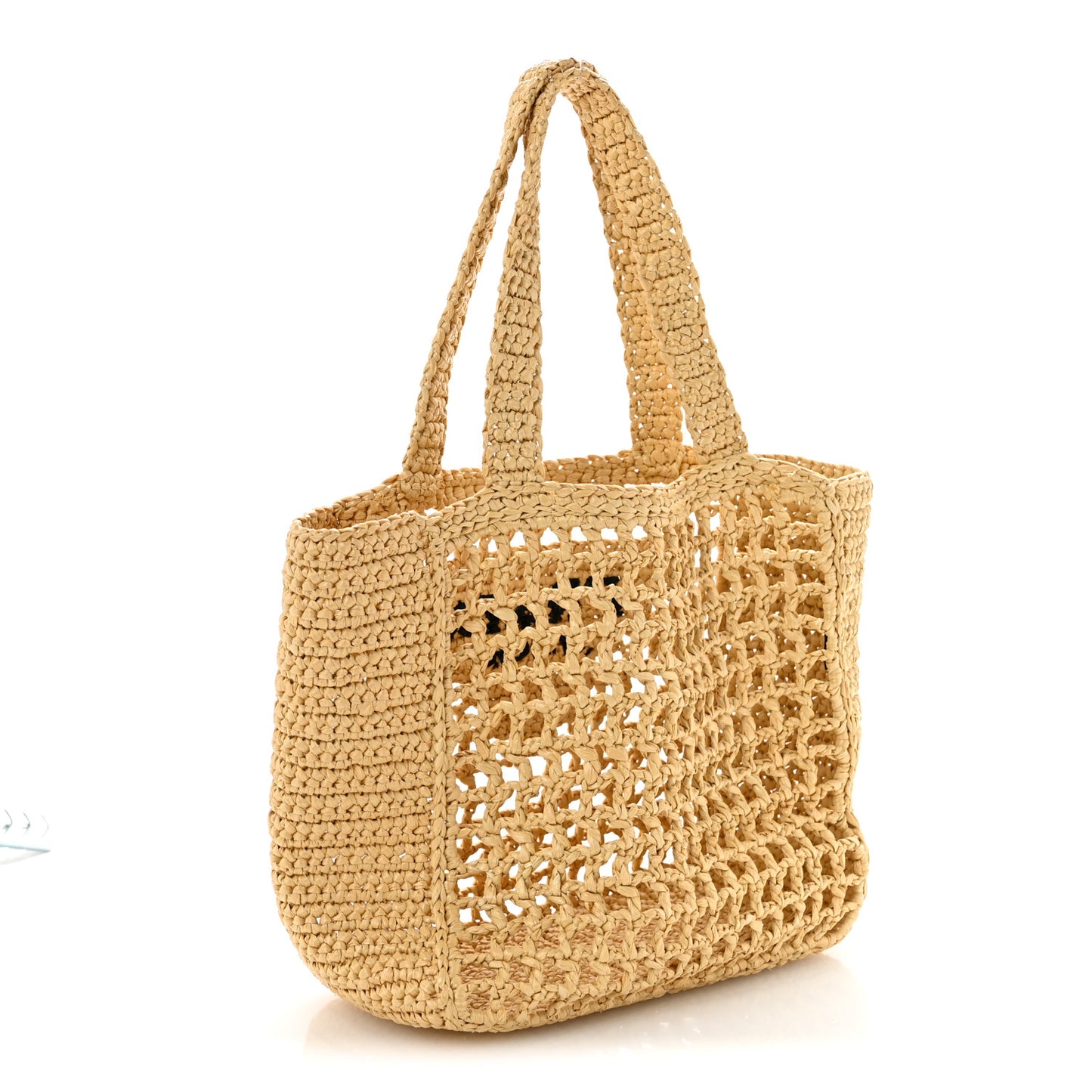 Yarn Raffia Effect Crochet Logo Embroidered Small Tote Bag Naturale