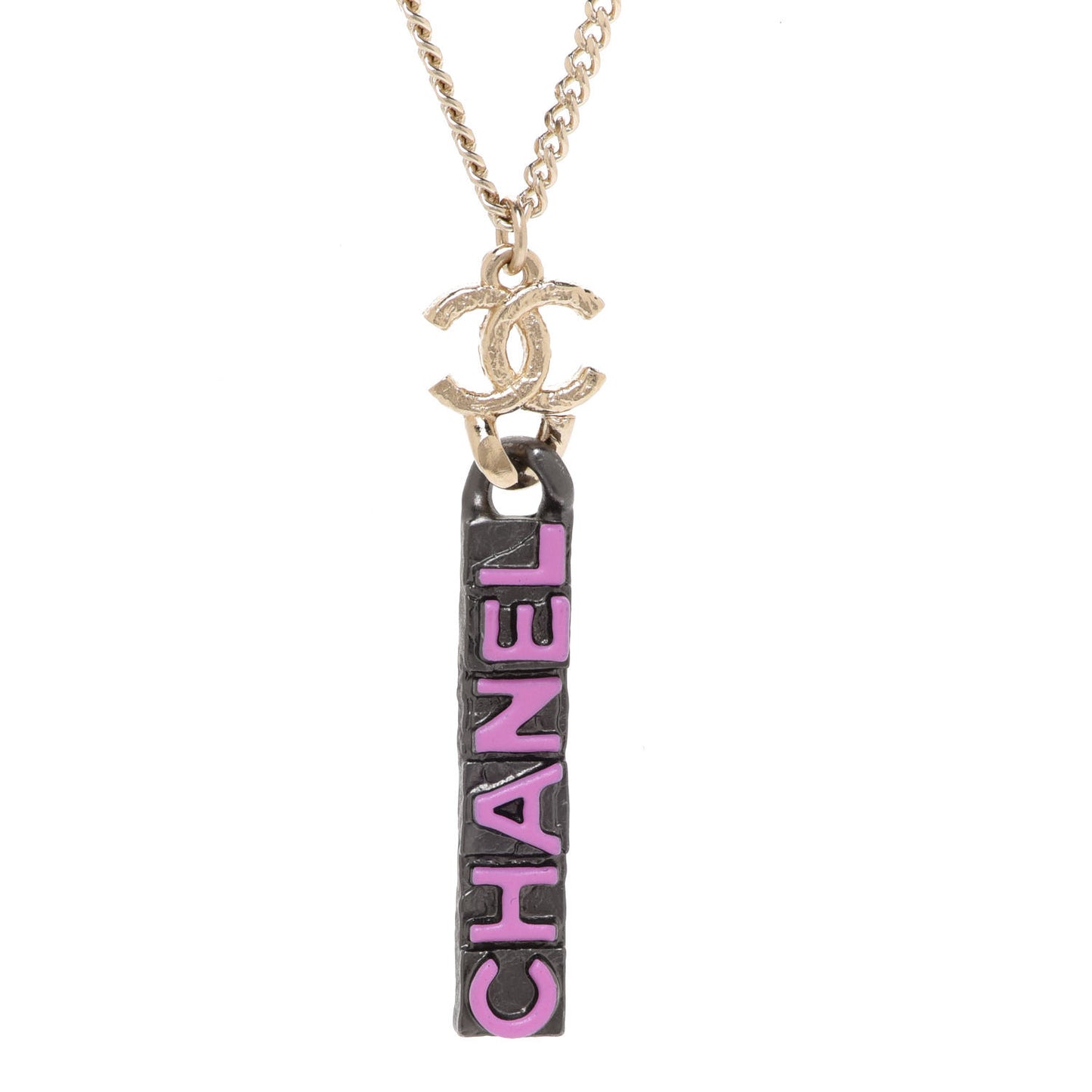 Enamel CC Logo Chain Necklace Ruthenium Pink