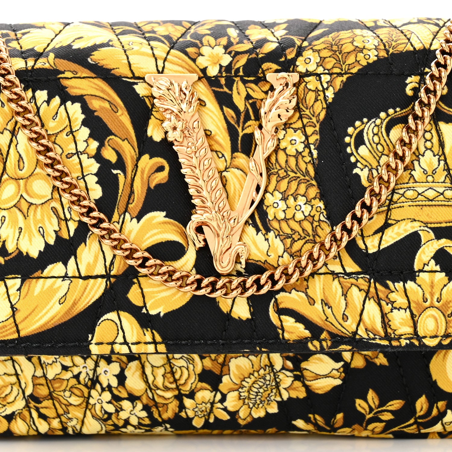 Versace Silk Barocco Printed Quilted Virtus V Mini Chain Flap Shoulder Bag Black Gold 7 of 9