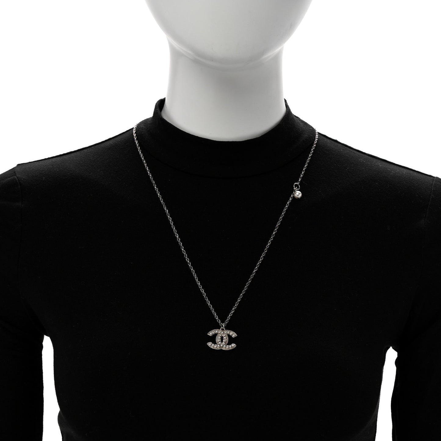 Pearl Crystal CC Pendant Necklace Silver